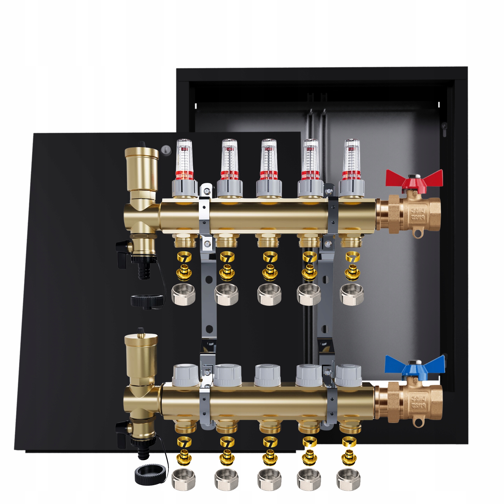 Rozdělovač mosazný podlahový 5 okruhů skříňka rovný ventil Pex