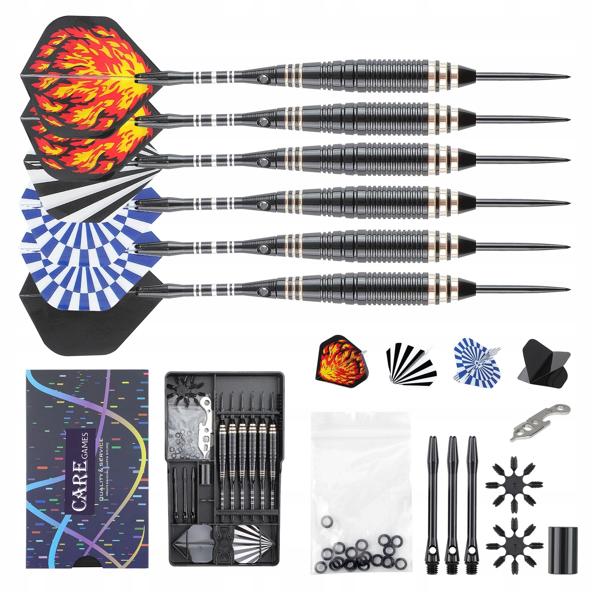 CAREGAMES Steeldarty Set: 6 Darts, 24g, Accessories, Gift Case, Black — miniatura 7