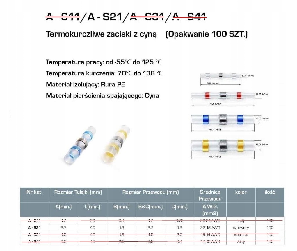 ZŁĄCZKI TERMOKURCZLIWE Z CYNĄ 100 SZT. CZERWONE Marka inna
