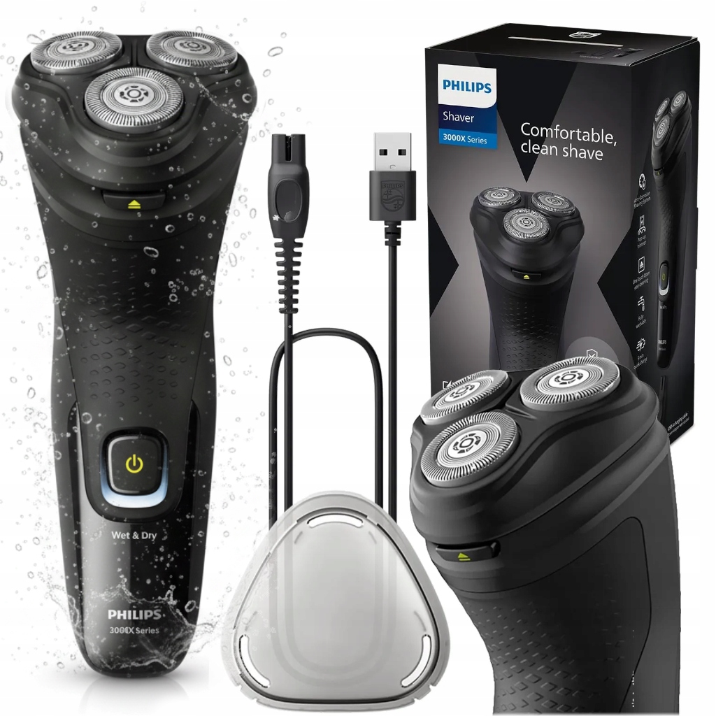čierny trojhlavý holiaci strojček Philips na fúzy, zastrihávač fúzov, morka/sucho