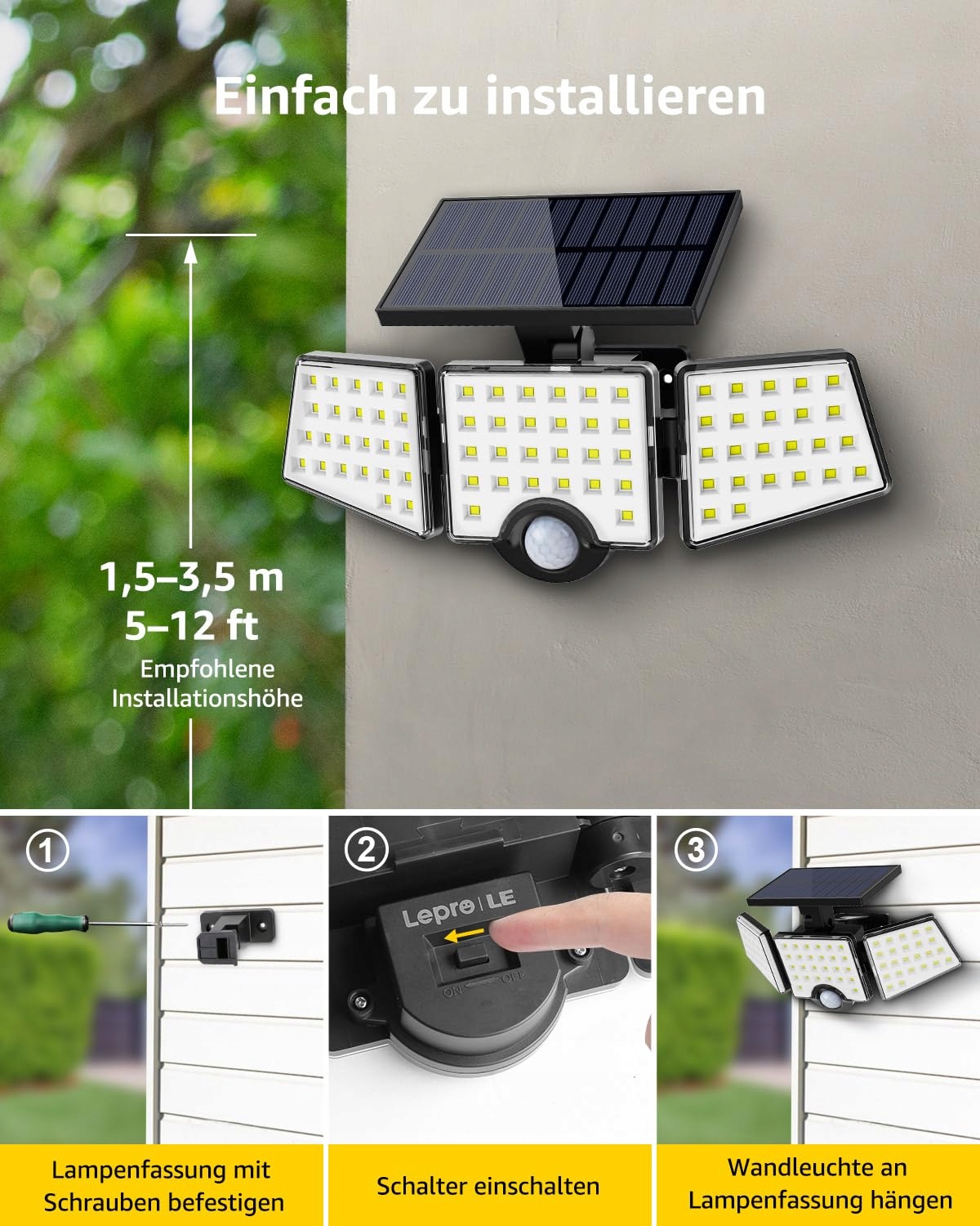 Lampa Solarna Zewnętrzna Z Czujnikiem Ruchu Ogrodowa 360° 6W IP65 LEPRO — miniatura 7