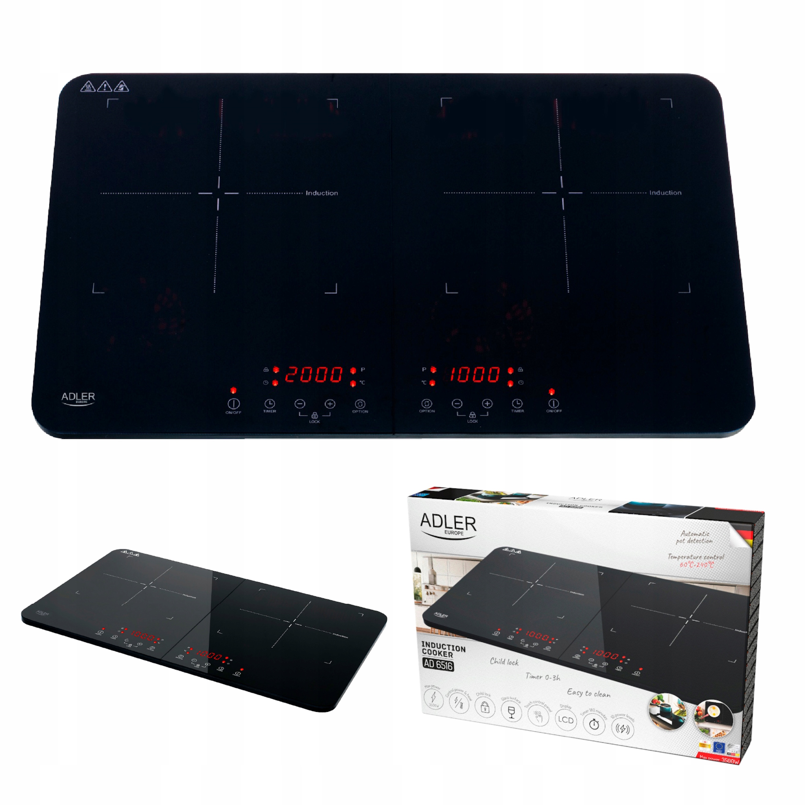 Kuchenka Indukcyjna dwupalnikowa 3500W timer 10 st. grzania Adler Ad 6516