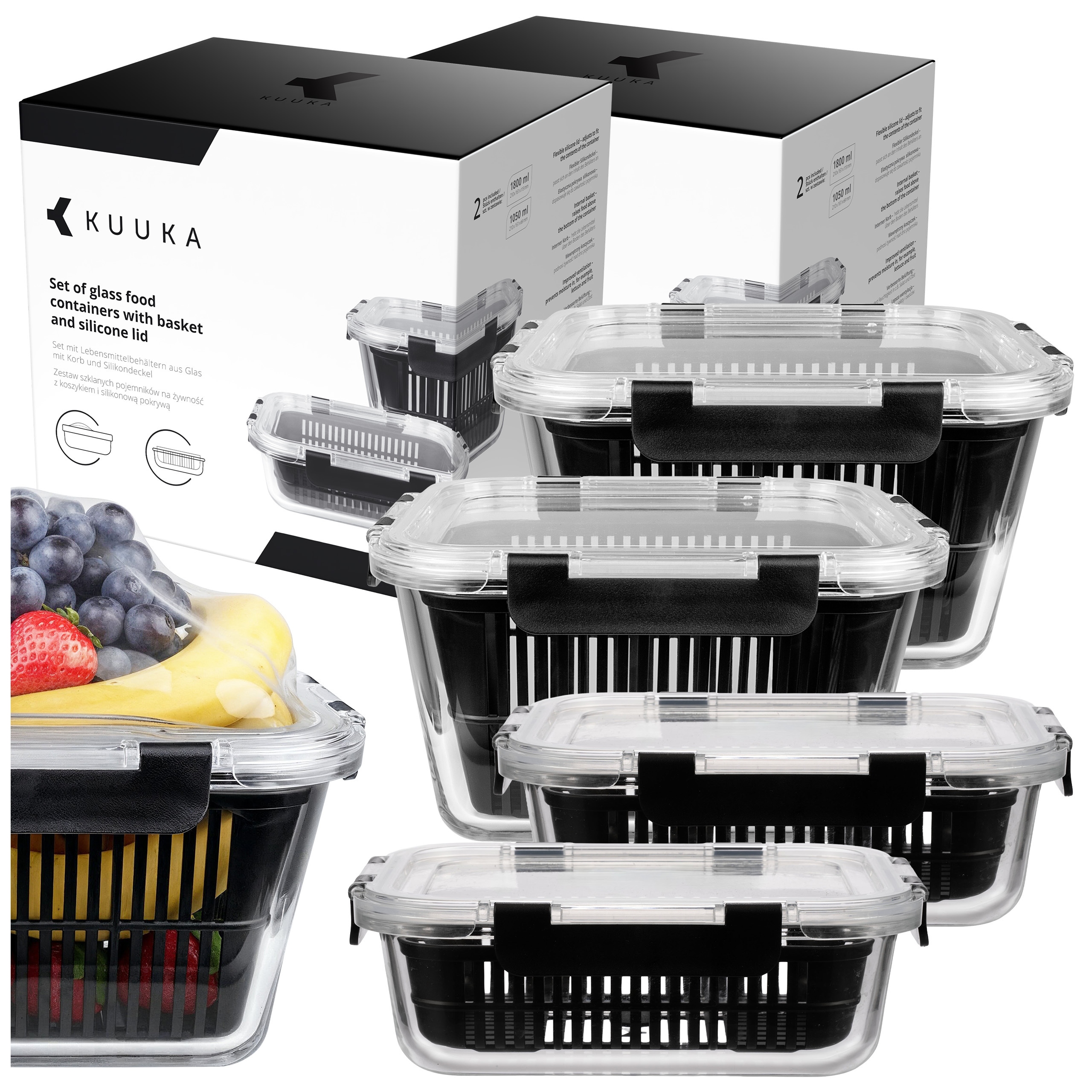 Skleněné nádoby na potraviny 1050/1800 ml, pružné víko, košík 4x