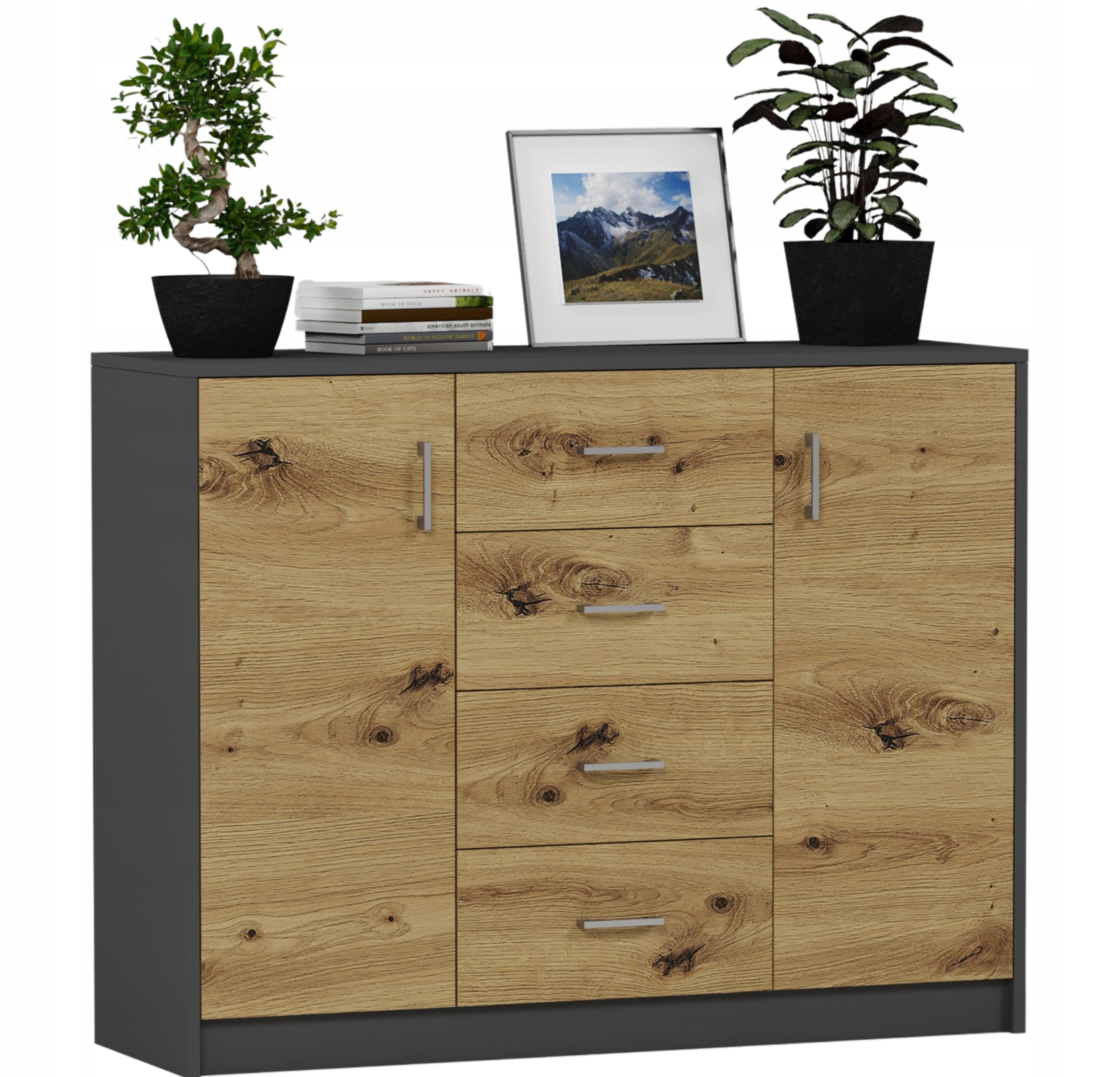 KOMODA 110CM SZAFKA 4 SZUFLADY 2 PÓŁKI U-1 ANTRACYT MIX ARTISAN