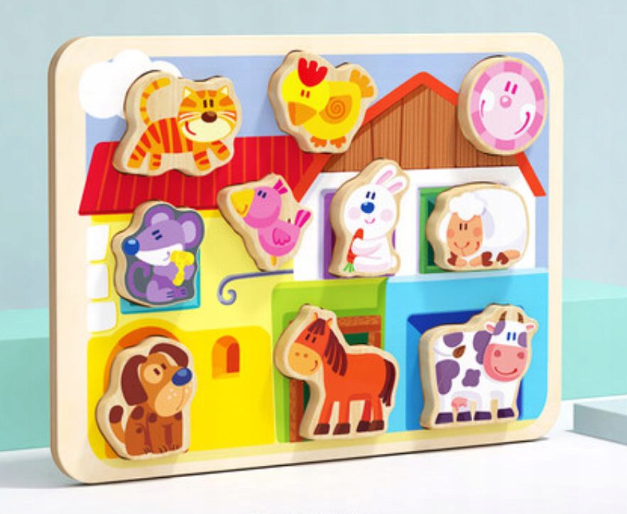 UKŁADANKA DREWNIANA FARMA PUZZLE DOPASUJ KSZTAŁTY MONETSSORI Marka NiceKids