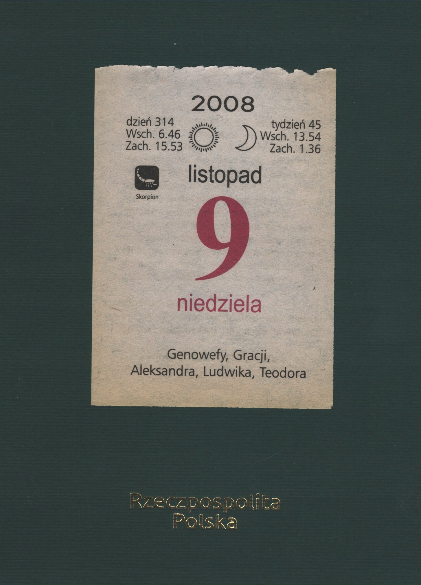 KARTKA Z KALENDARZA, 09.11.2008r. PREZENT, WSPOMNIENIA, URODZINY