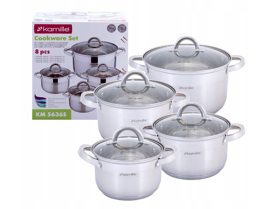 KOMPLET GARNKÓW 8 EL SZKLANE POKRYWY INDUKCJA STAL Liczba elementów w zestawie 8