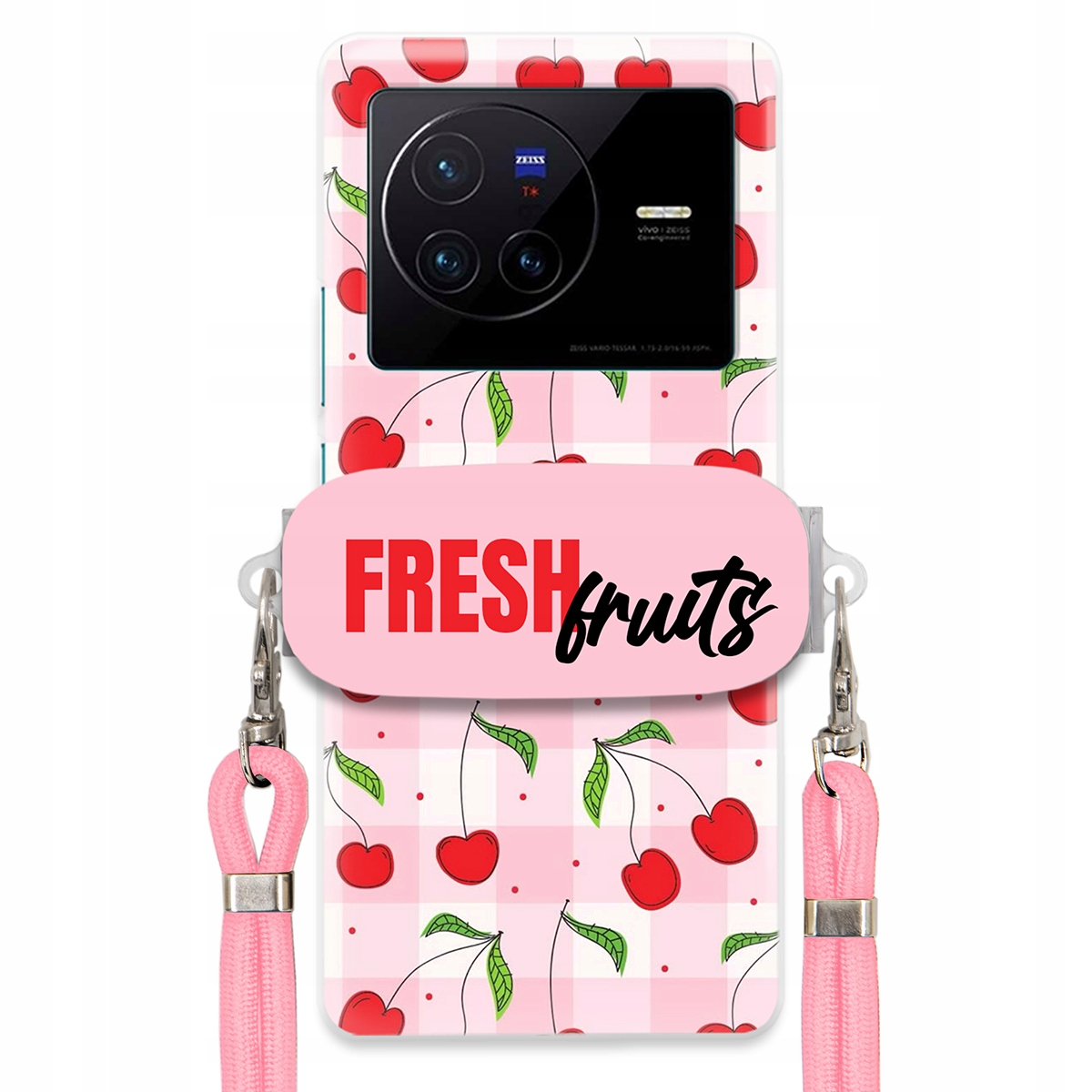 Puzdro pre Vivo X80 Case držiak na šnúrku Ružový Fresh Fruits Mriežka Ovocie