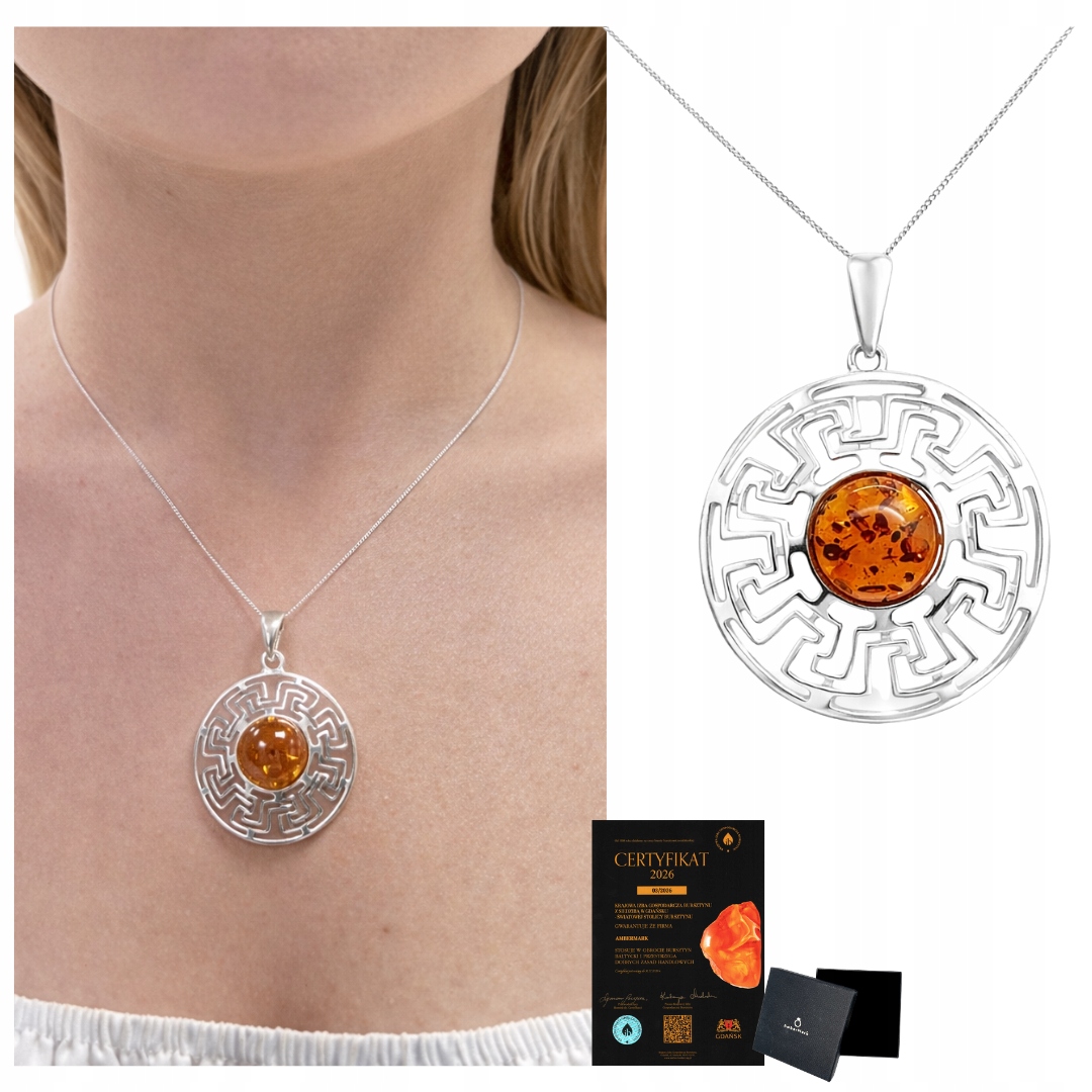 Stříbrný náhrdelník s velkým jantarem a řetízek s přívěskem, řecký motiv