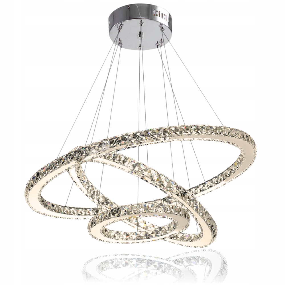 Kryštálový luster, stropná závesná lampa, 3 zrkadlové krúžky, teplá obývacia izba