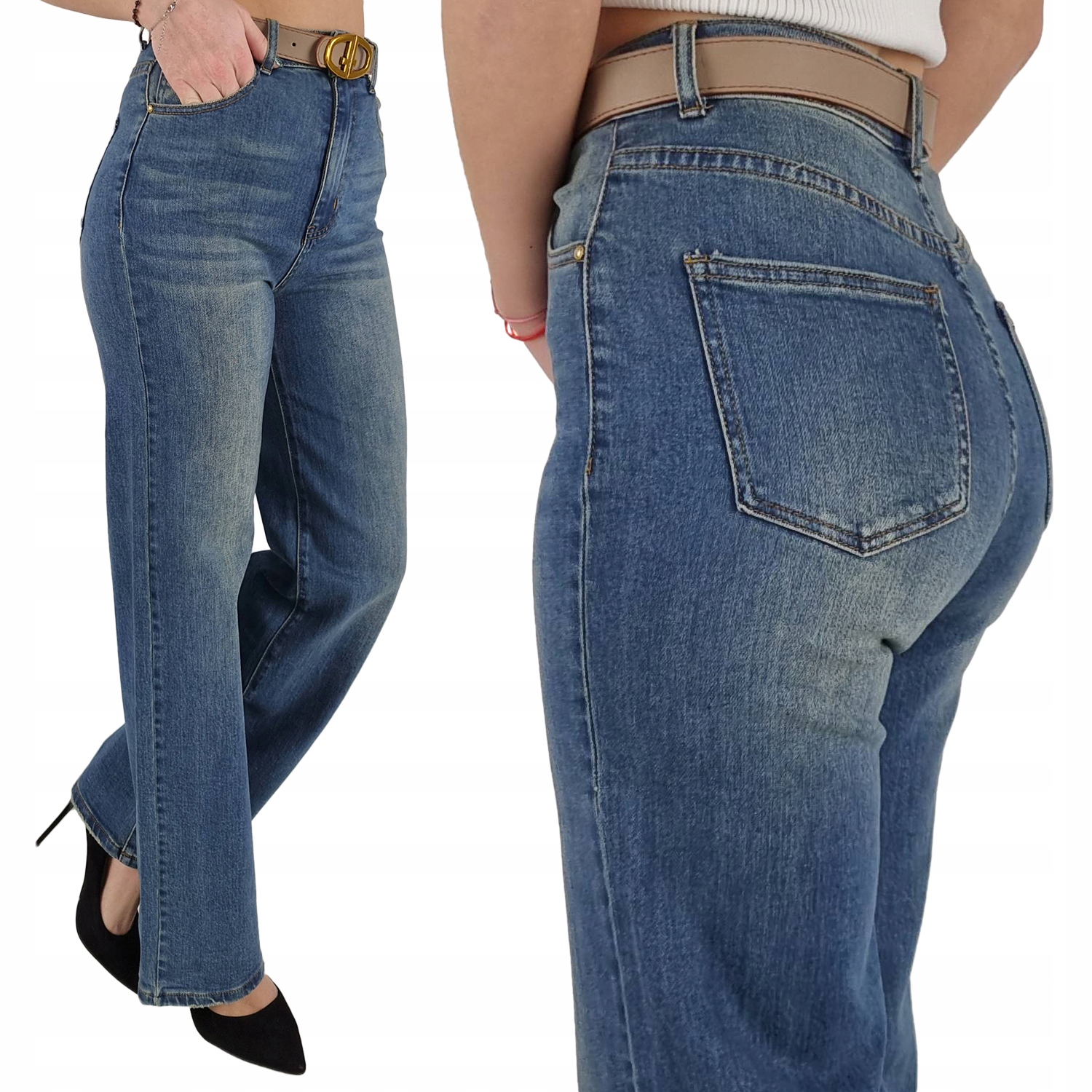 Damskie Spodnie M.sara Wyszczuplające Jeansy Proste Nogawki Długie Pasek