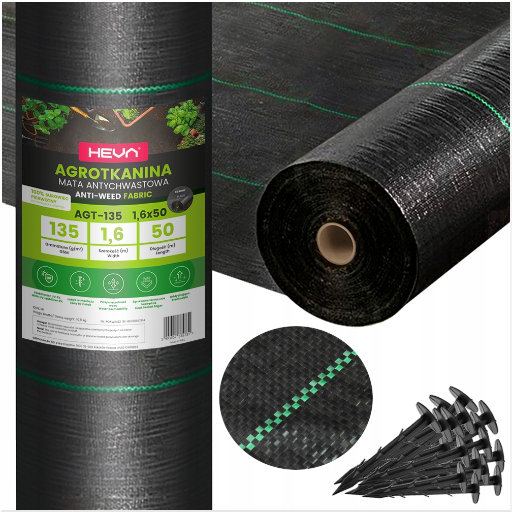 Agrowłóknina Agrotkanina ściółkująca Heva 135g 1,6x50m mata pod kamień UV3%