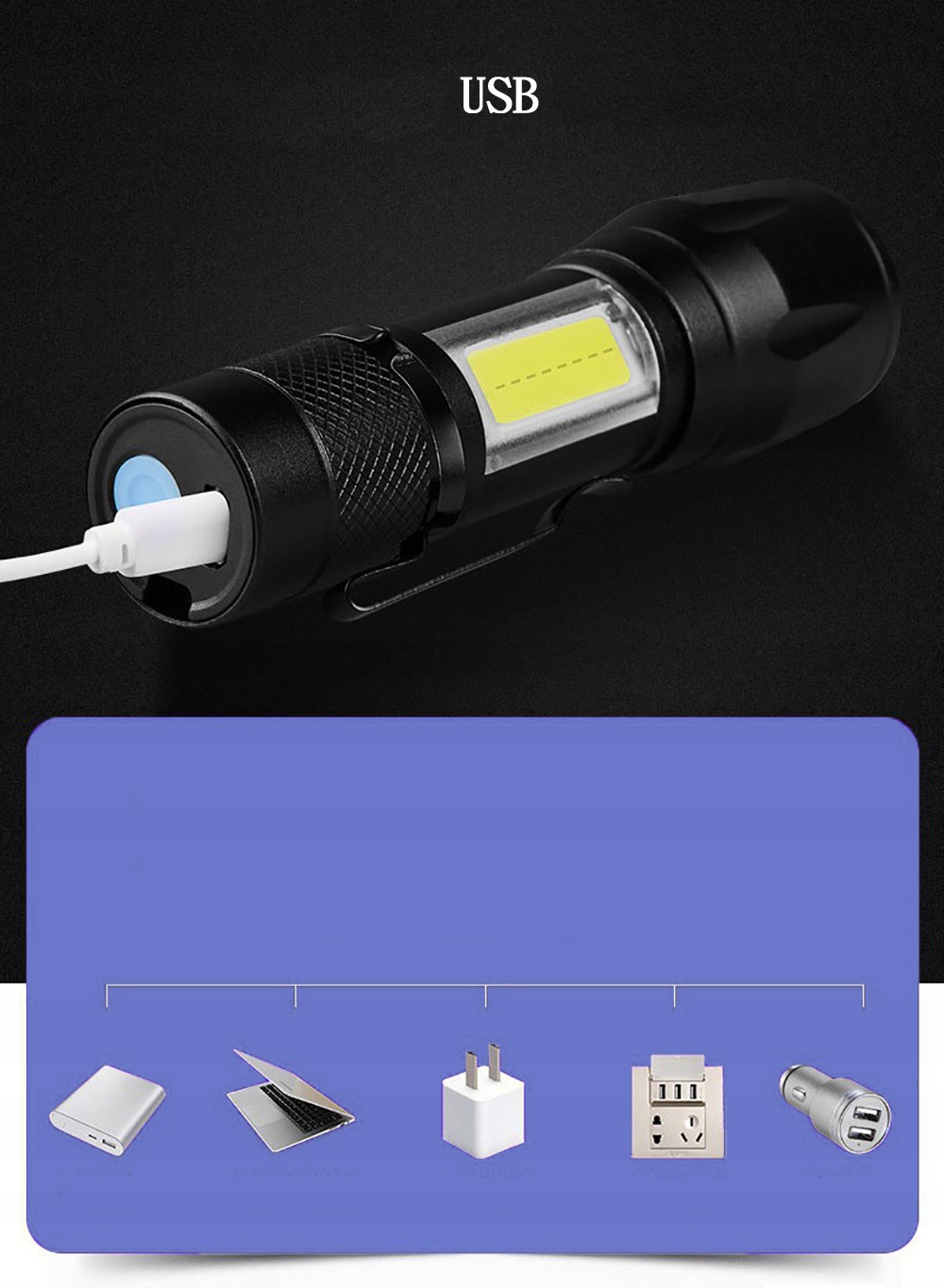 Latarka SZPERACZ ŁADOWANA Cree XM-L T6 ZOOM USB Kolor dominujący czarny