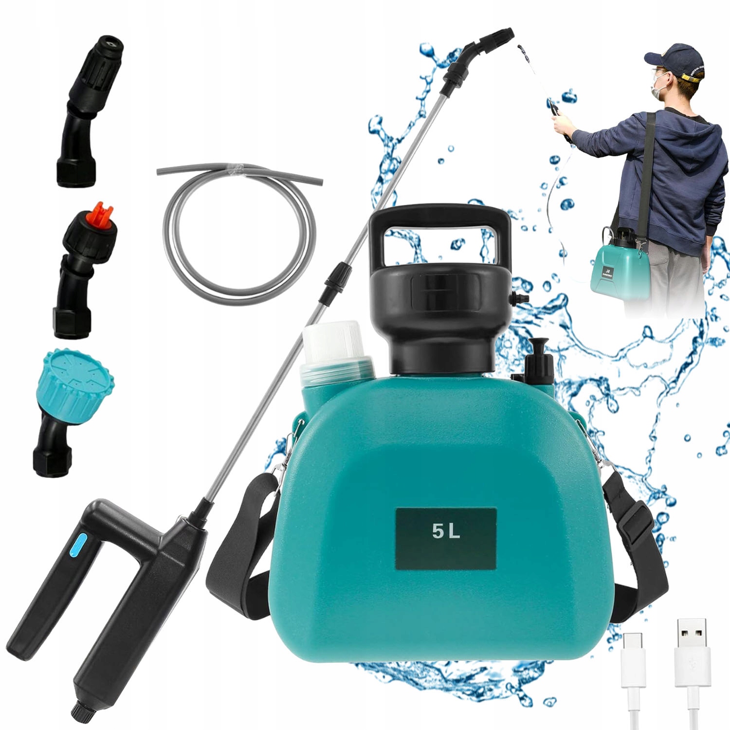 5 L Elektrický Postřikovač 3 Trysky 2000 Mah Hadice 1,5 M Usb Pro Zahradu, Dvůr