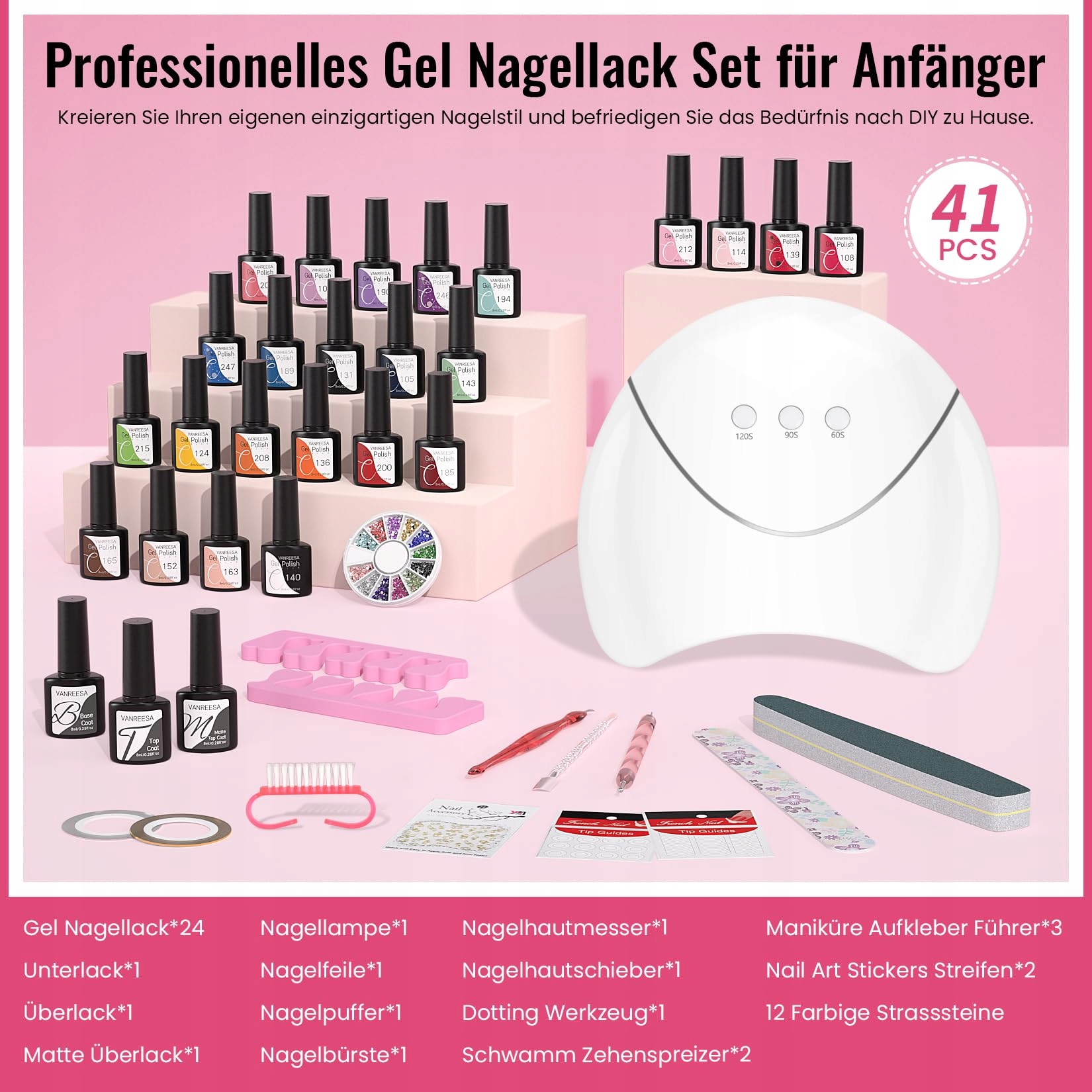 VANREESA Zestaw Lakierów Żelowych Lampa UV 36W 24 Kolory Manicure — miniatura 6