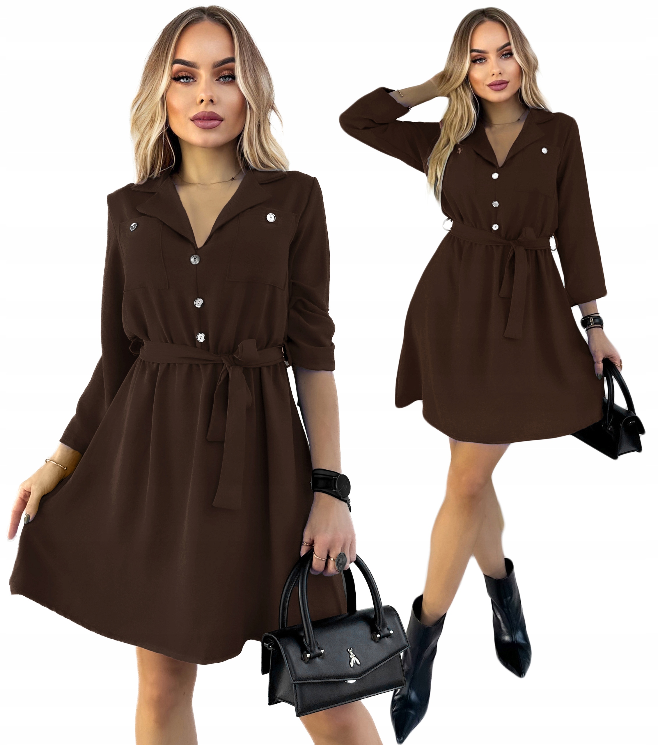 Czekoladowa klasyczna Sukienka Damska Szmizjerka pasek guziki S Merida