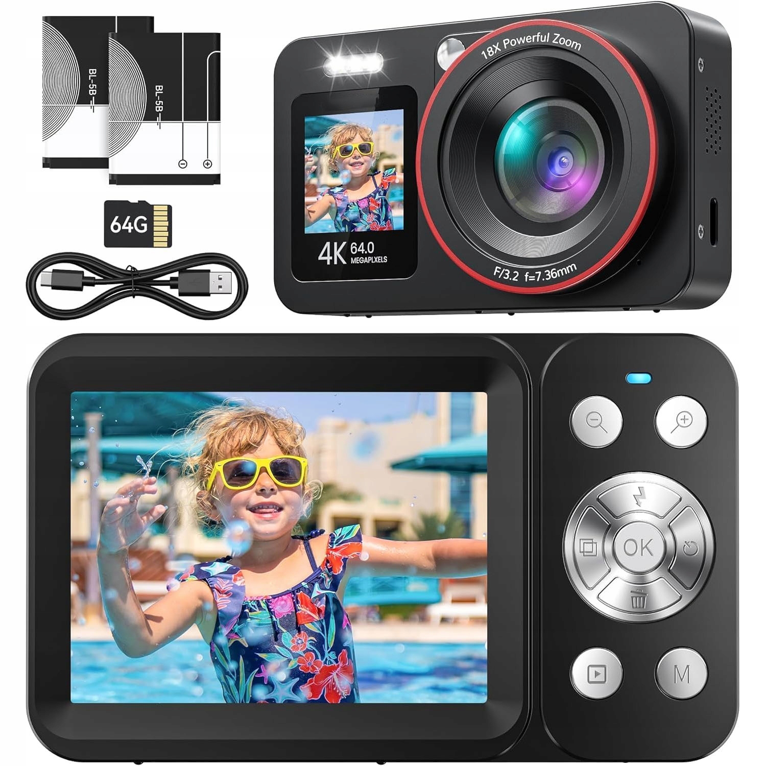 Fotoaparát Pro Děti Selfie 18X 64 Mpx Paměťová Karta 64 Gb +2 Baterie