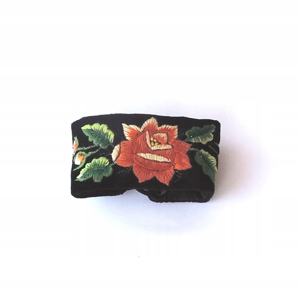 Czarna Bransoletka Folk Haft Łowicki Pomarańczowa Róża Handmade