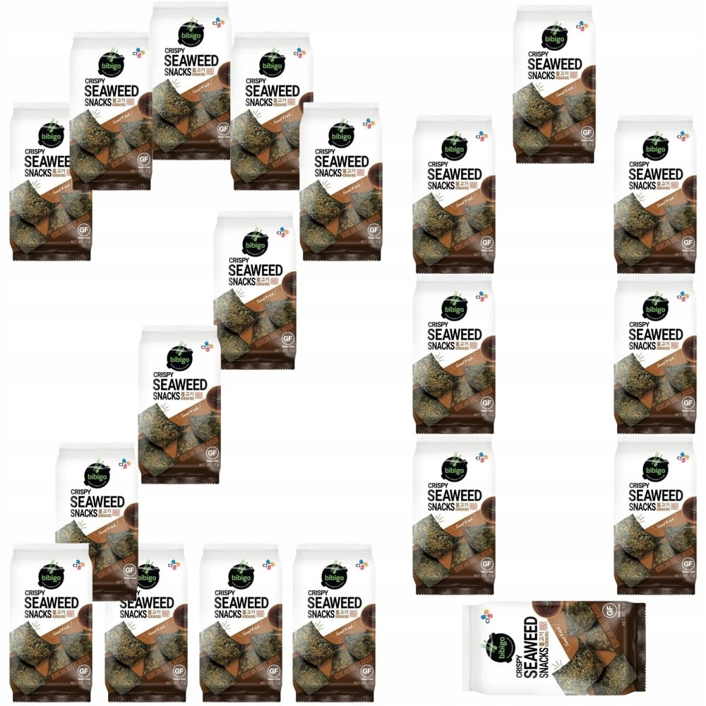 20x Nori Snacks Koreańska Chrupiąca Przekąska Algi Barbecue Bbq 5g Bibigo