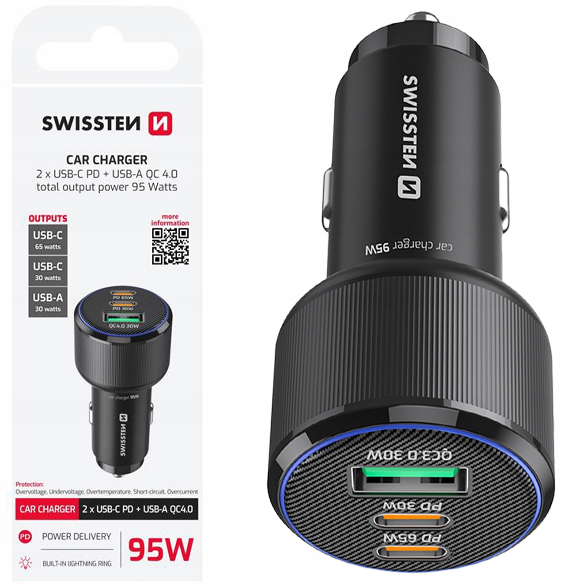 Swissten Ładowarka Samochodowa kompaktowa 2 x Usb-c Pd Usb-a Qc 95W