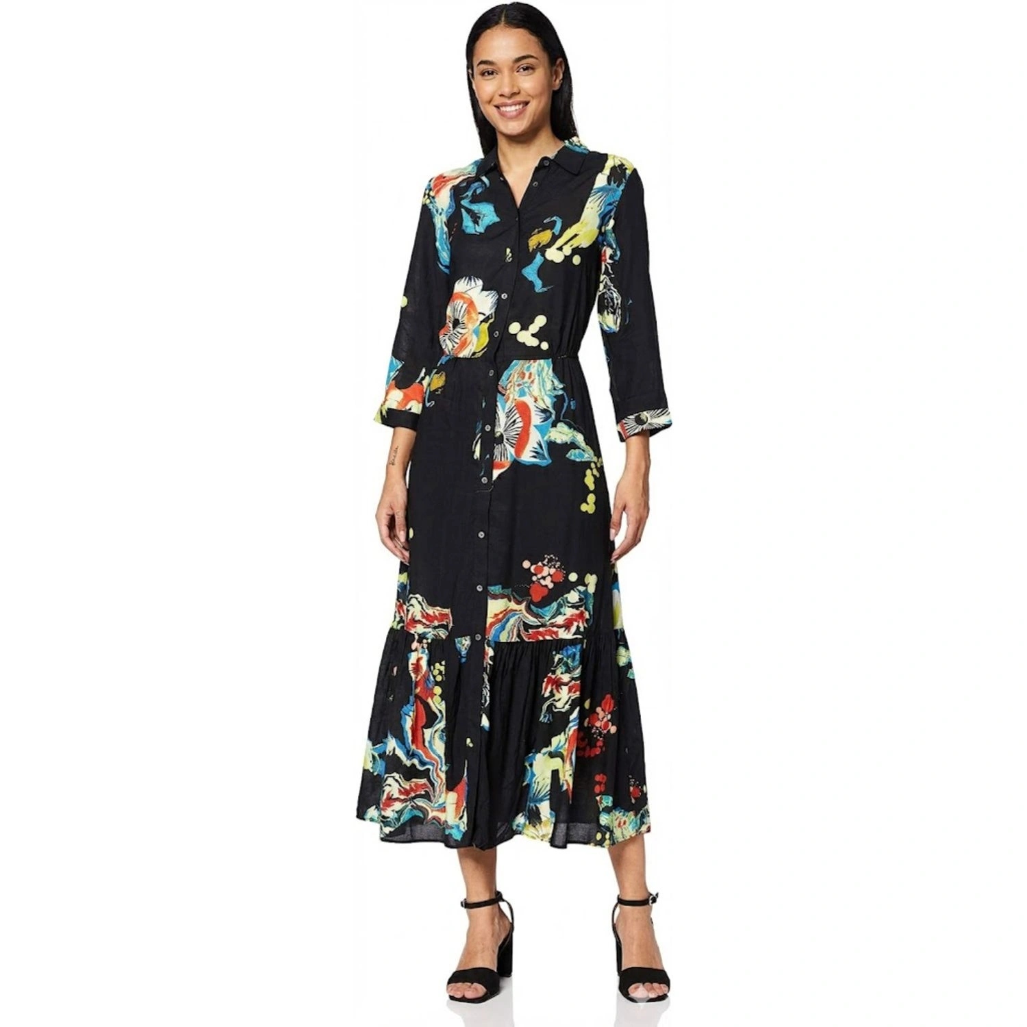 Šaty Desigual Bruselas midi s 3/4 rukávem a košilovým vzorem, velikost S