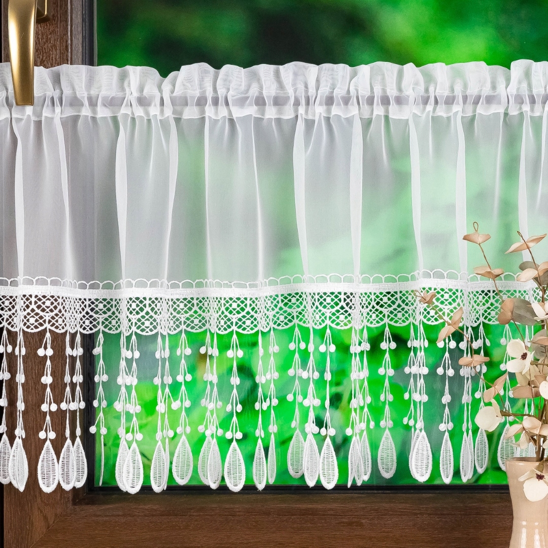 Bílé Voálové Vitrážová Záclona S Guipurou Korálky Tunel výška 300 x 45