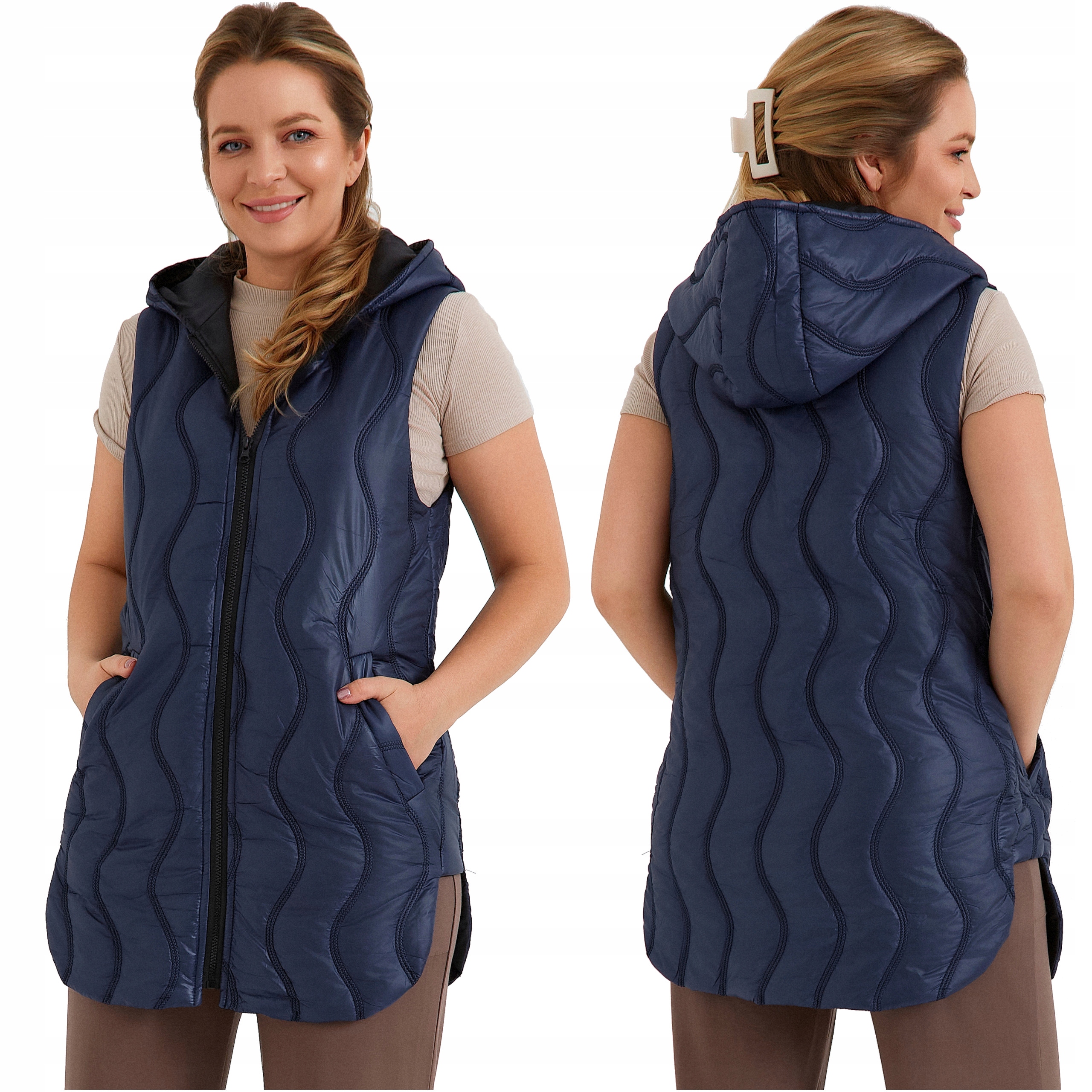 Dámská mikina bez rukávů s kapucí, dlouhá prošívaná vesta Plus Size, tmavě modrá