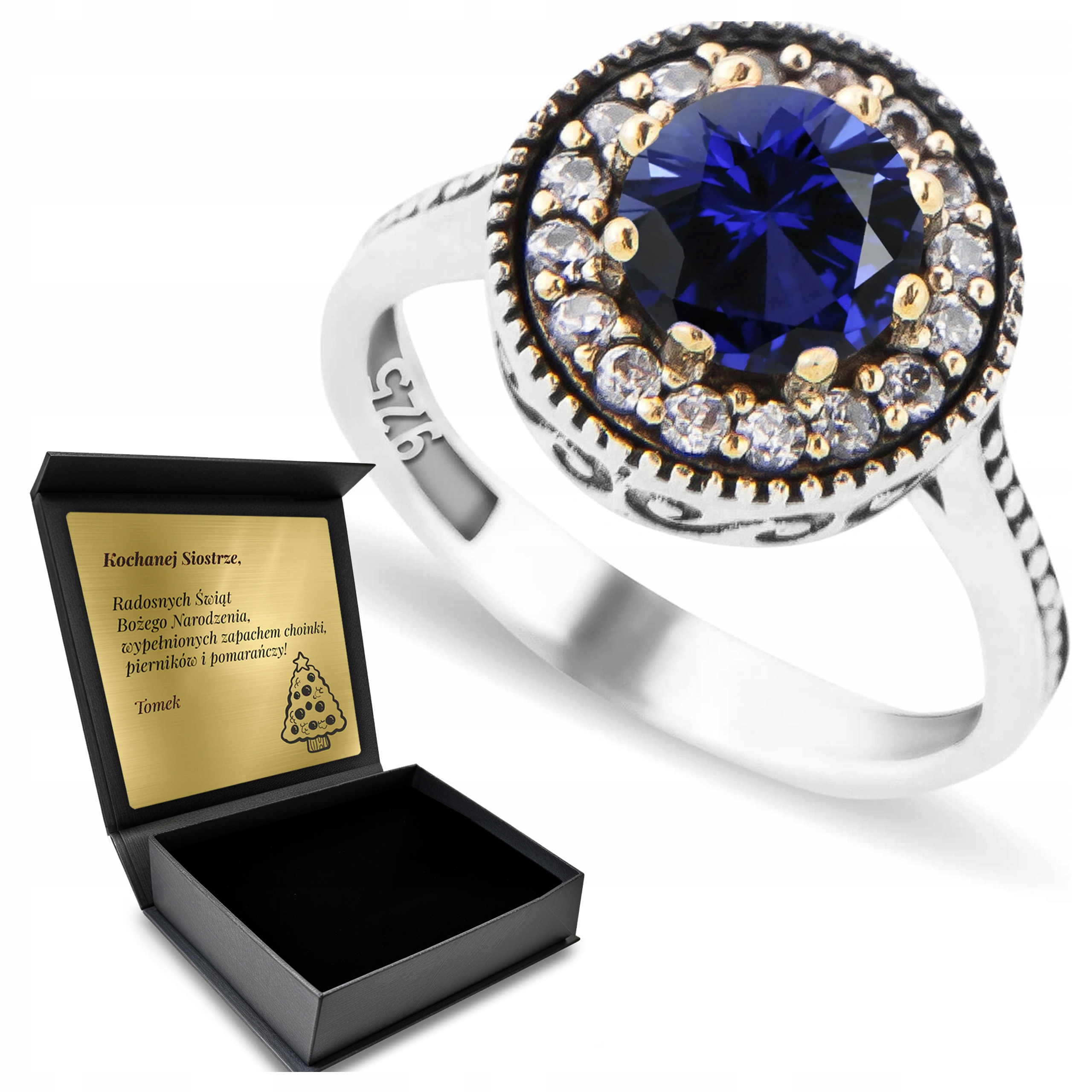 Prstýnek 925 Se Zirkony A Safírem pro ženy Gravírování Bonus