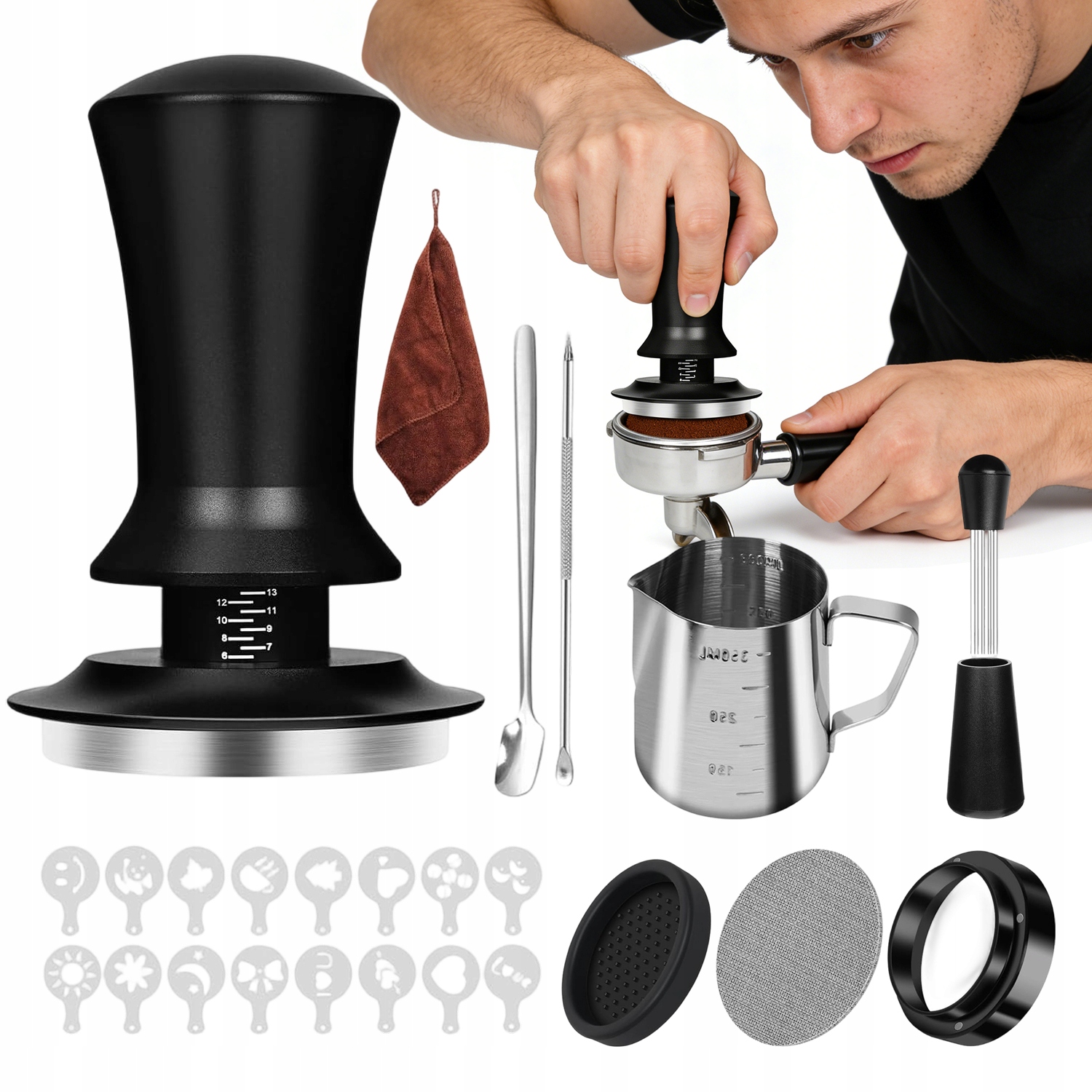 Levně Sada Baristy S Magnetickým Tamperem 51 MM Džbán 350 ML 16 Šablon