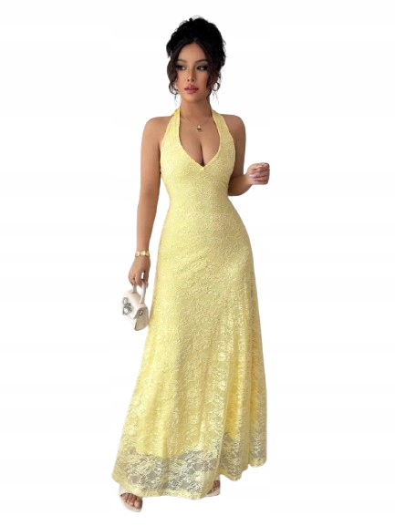 Shein Žlutá Šaty Elegantní Maxi Na Zavazování Ramínka Krajka 38 1KA