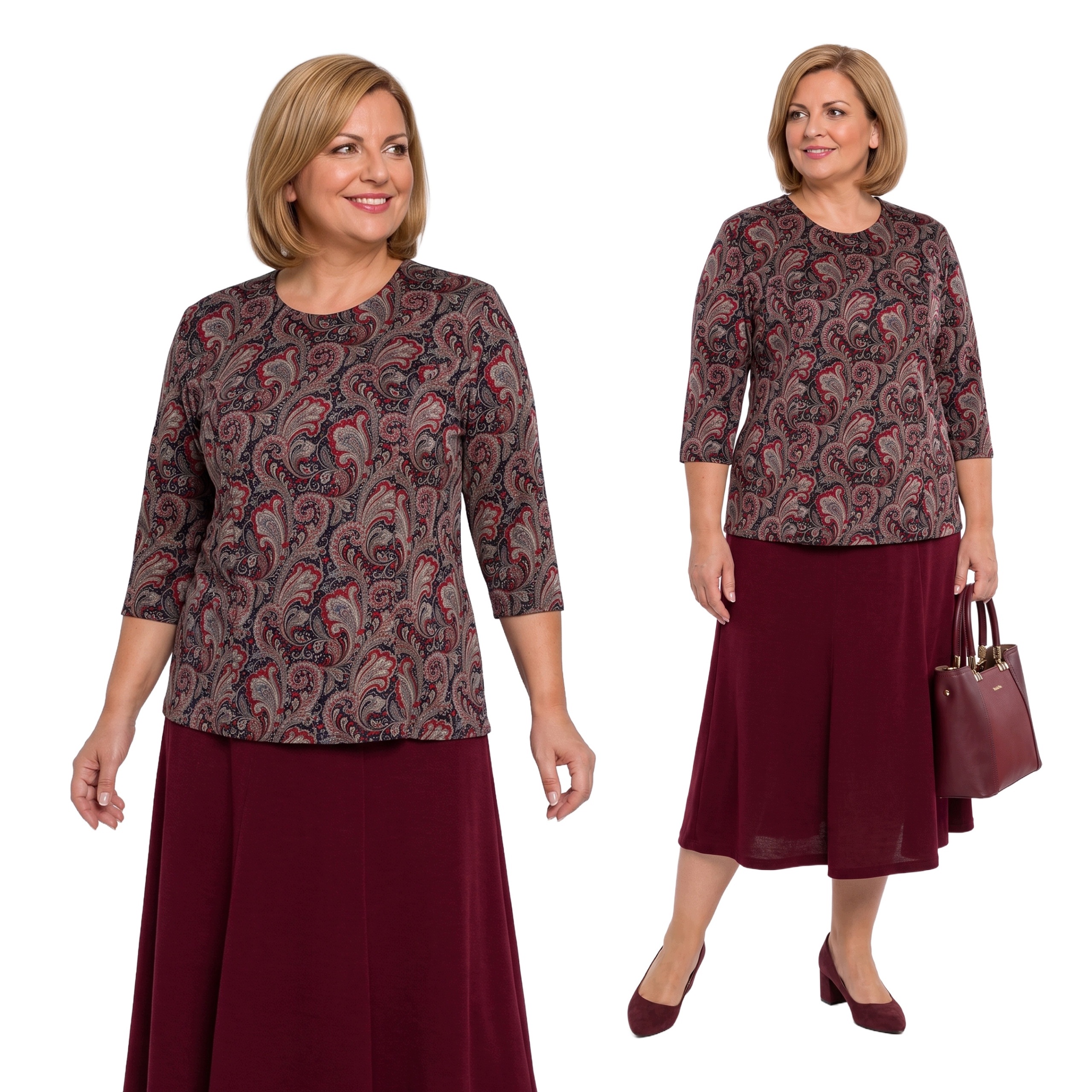 Bordó teplý komplet šedo-bordové vzory plus size velikost 52/54