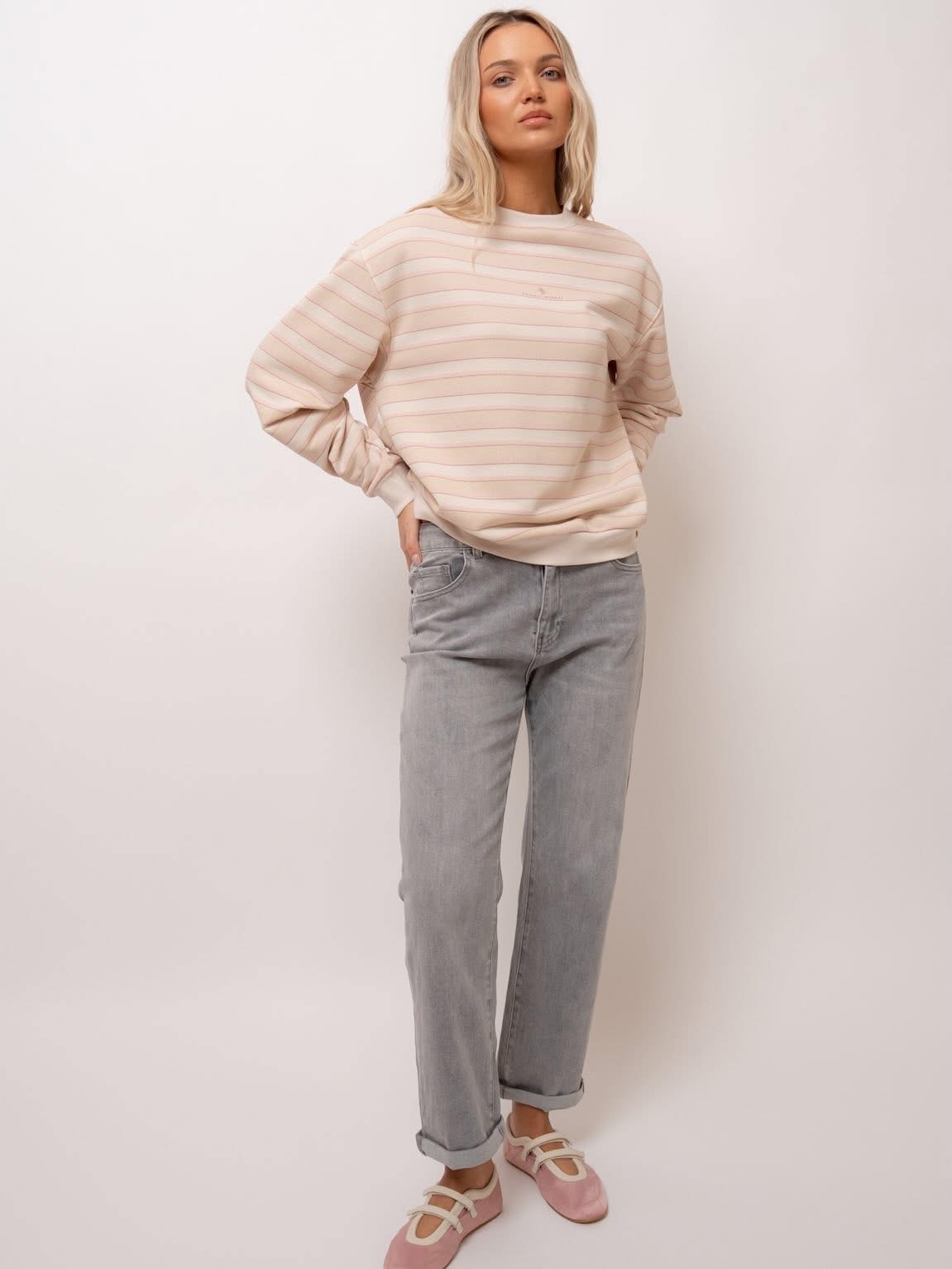 Mikina Béžová s růžovým pruhovaným vzorem Velikost Uni. Polský Výrobce