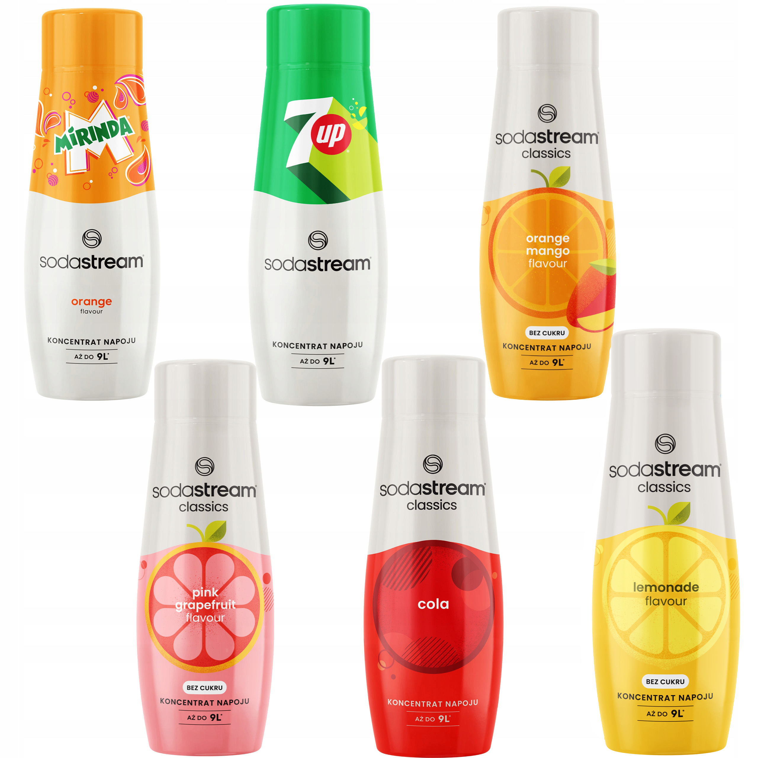 Sodastream zestaw koncentrat 6 smaków syropów Mirinda 7up Cola Lemoniada