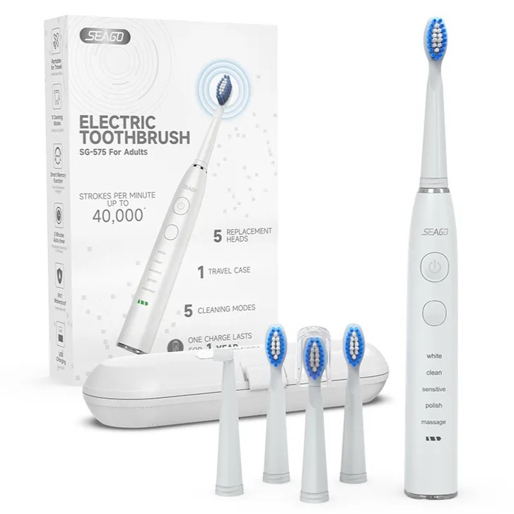 Szczoteczka Soniczna Seago SG-575 z Etui Biała, Zestaw z 5 Końcówkami