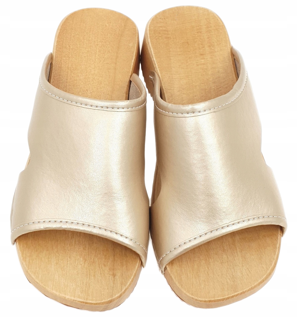 ZŁOTE Odkryte Drewniaki Skórzane Damskie Medyczne POLSKIE Chodaki *35* Rozmiar 35
