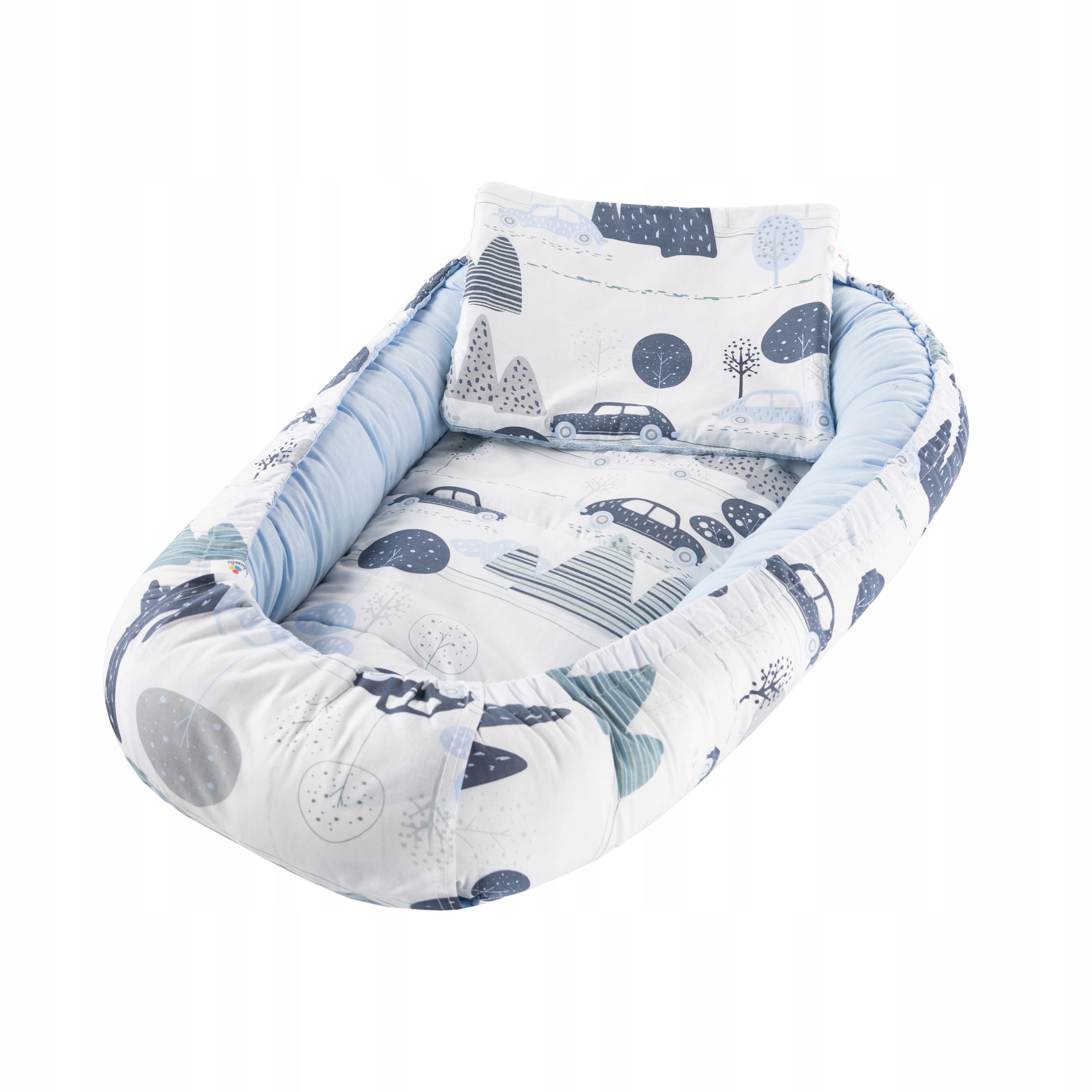 KOKON NIEMOWLĘCY GNIAZDO KOJEC BAWEŁNA MINKY ZESTAW 5 ELEMENTOWY DUŻY XXL Kolor dominujący odcienie niebieskiego
