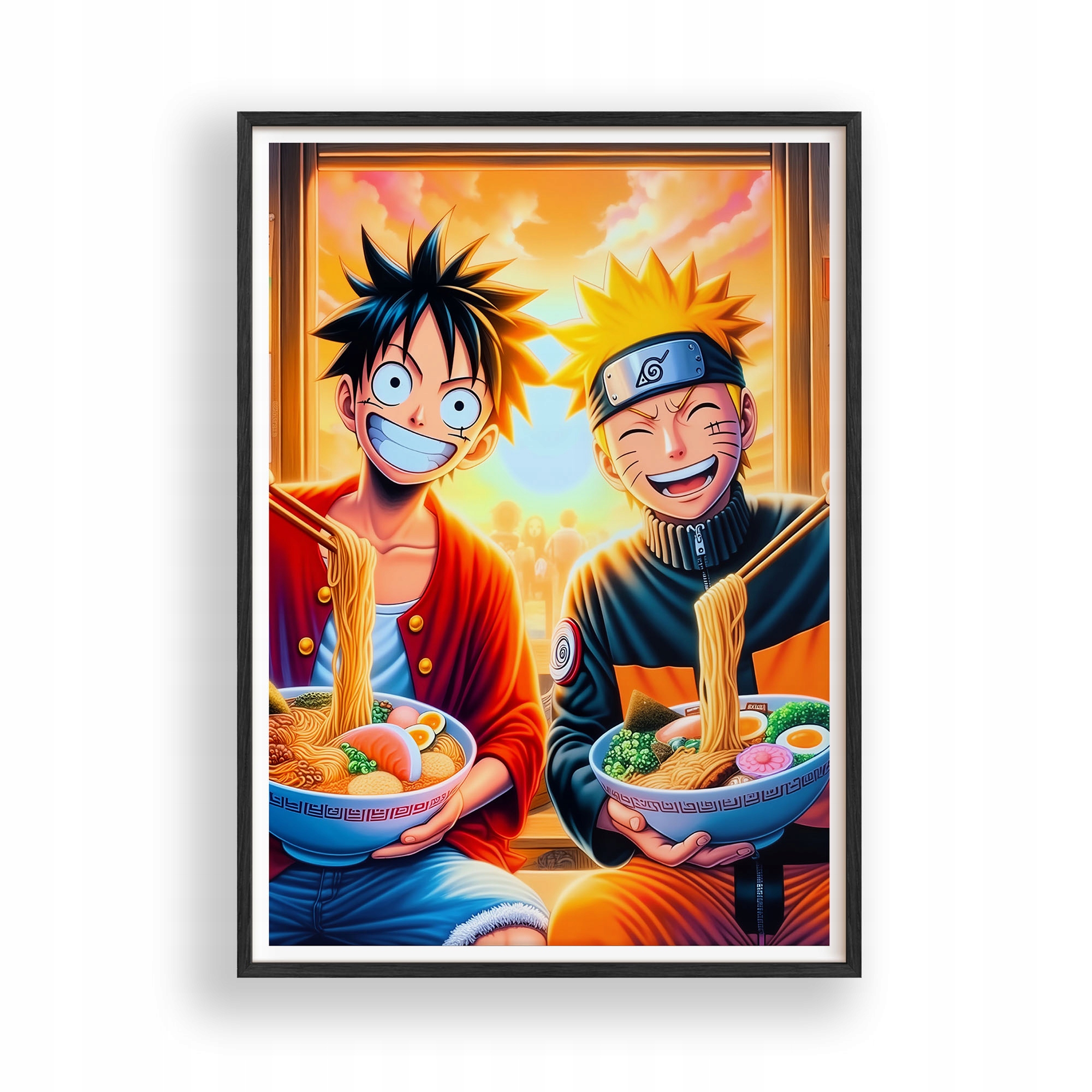 Obraz Naruto Luffy Anime Ramen Plakát Rámeček Dřevěný Černý 30x42 cm