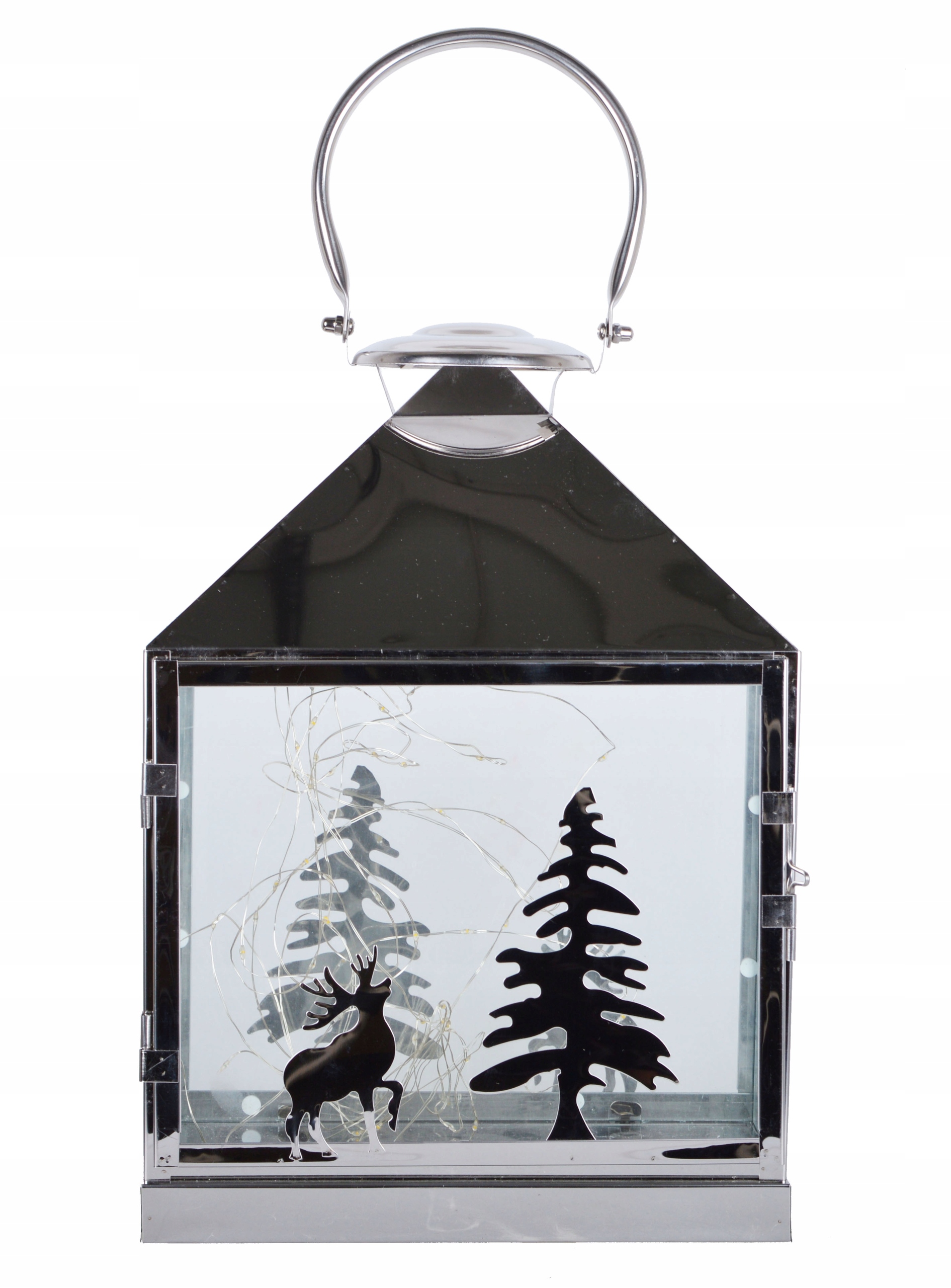 LATARNIA LAMPION METALOWY SREBRNY Z RENIFEREM LED Marka GlamurProjekt