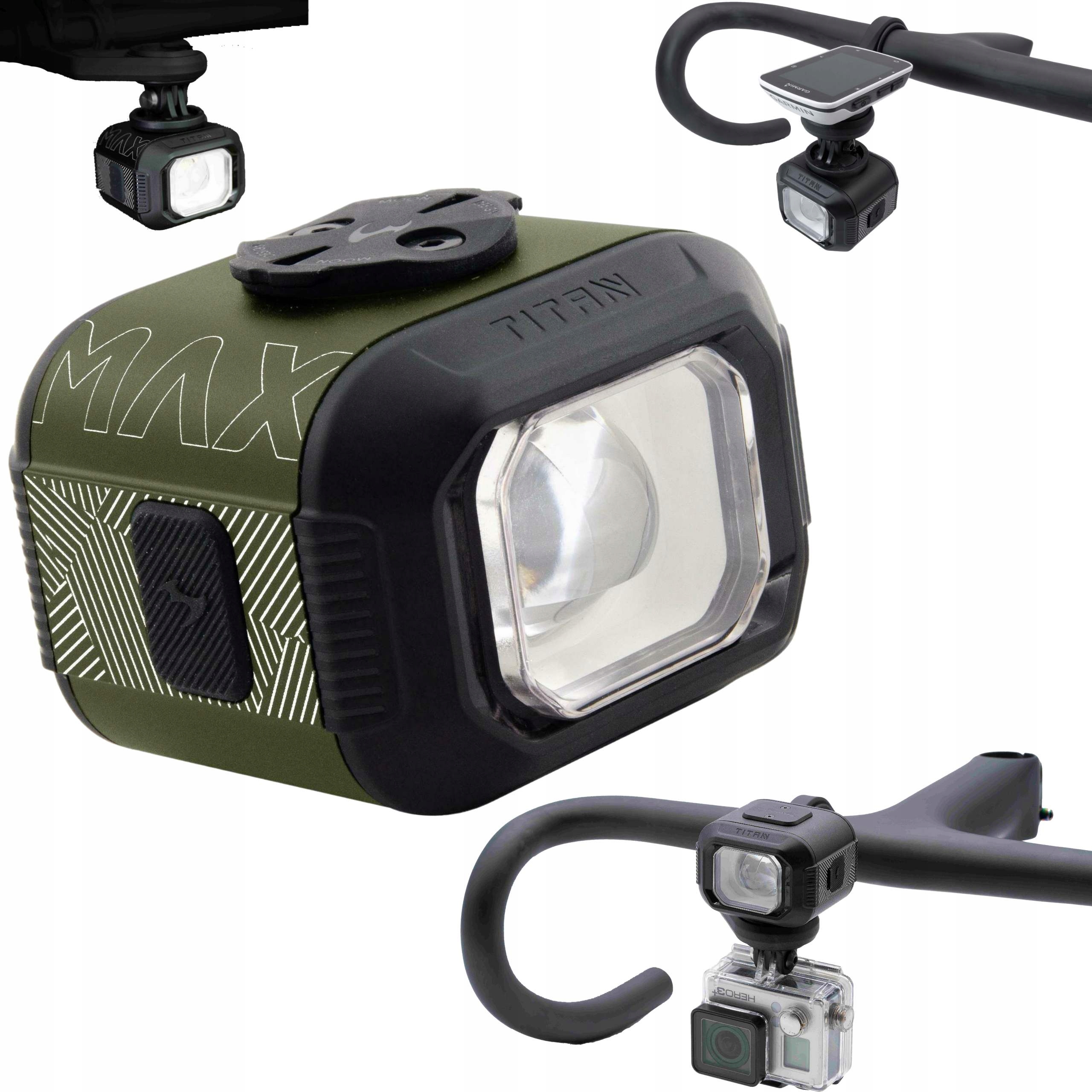 Přední světlo na kolo Moon Titan Max 1700 lm s držákem GoPro Army Green
