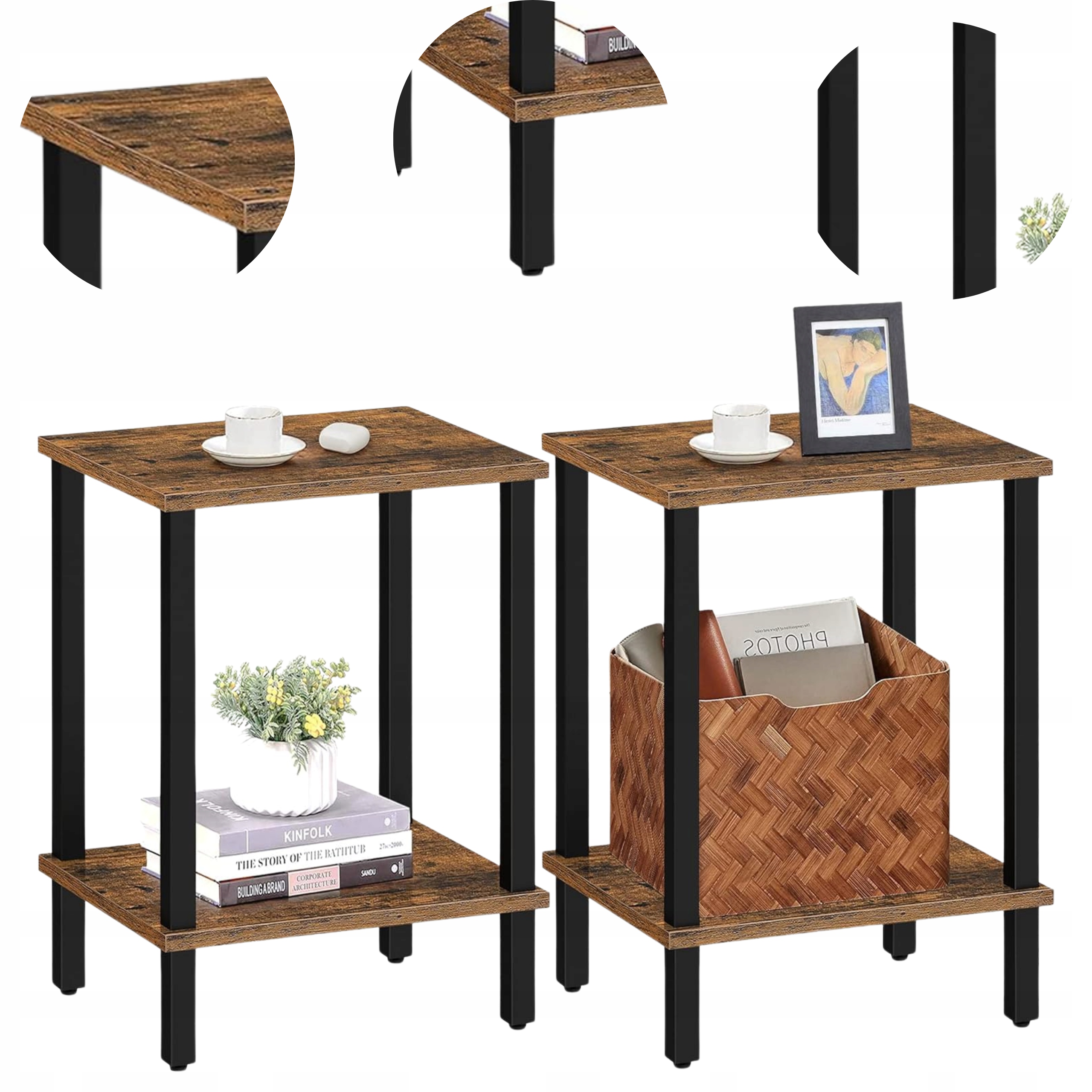 Noční stolek rustikální hnědý, sada 2 lavicových konferenčních stolků, ložnice, obývací pokoj