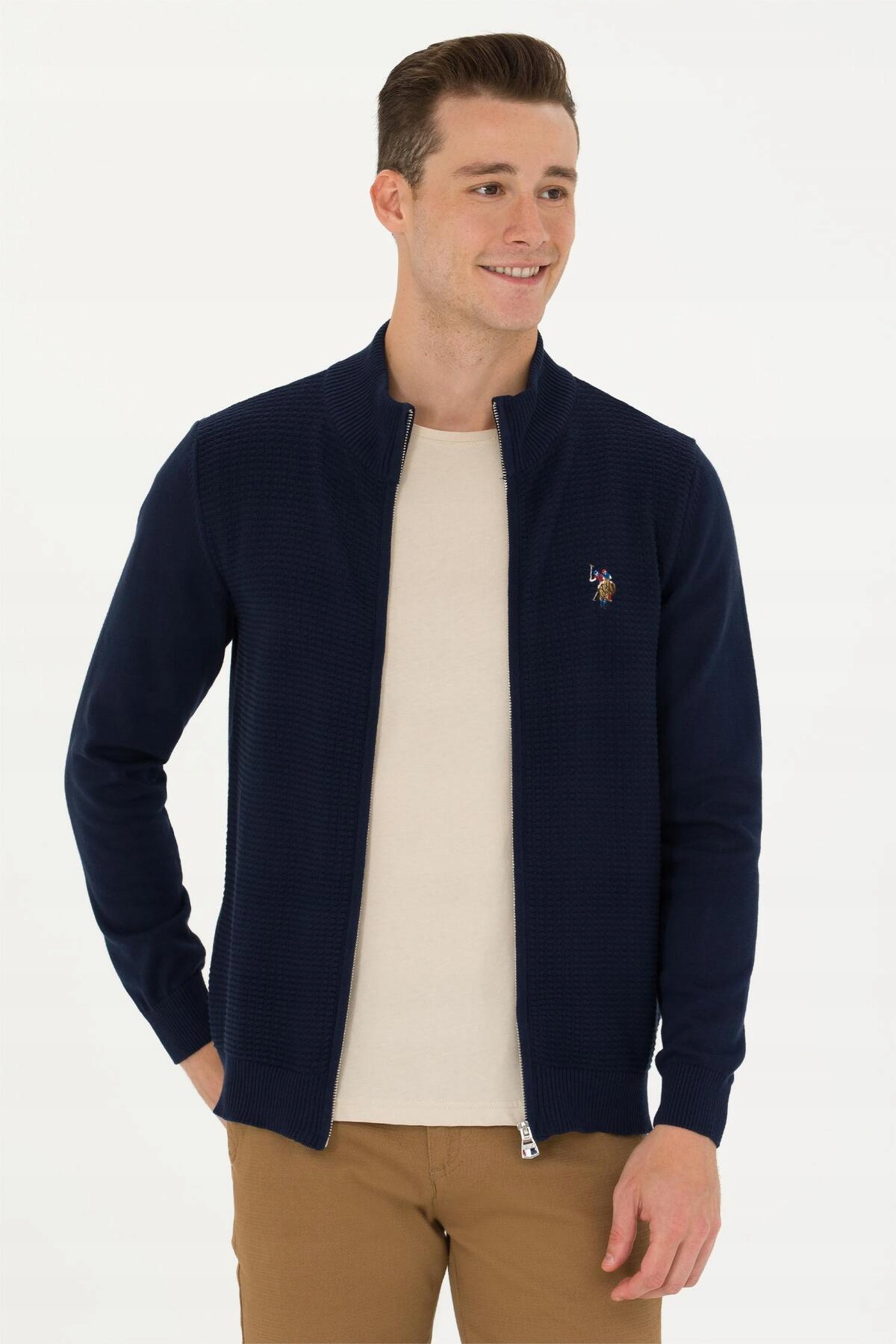 U.s. Polo Assn. Tmavě Modrý Pánský Svetr S Kovovým Zipem
