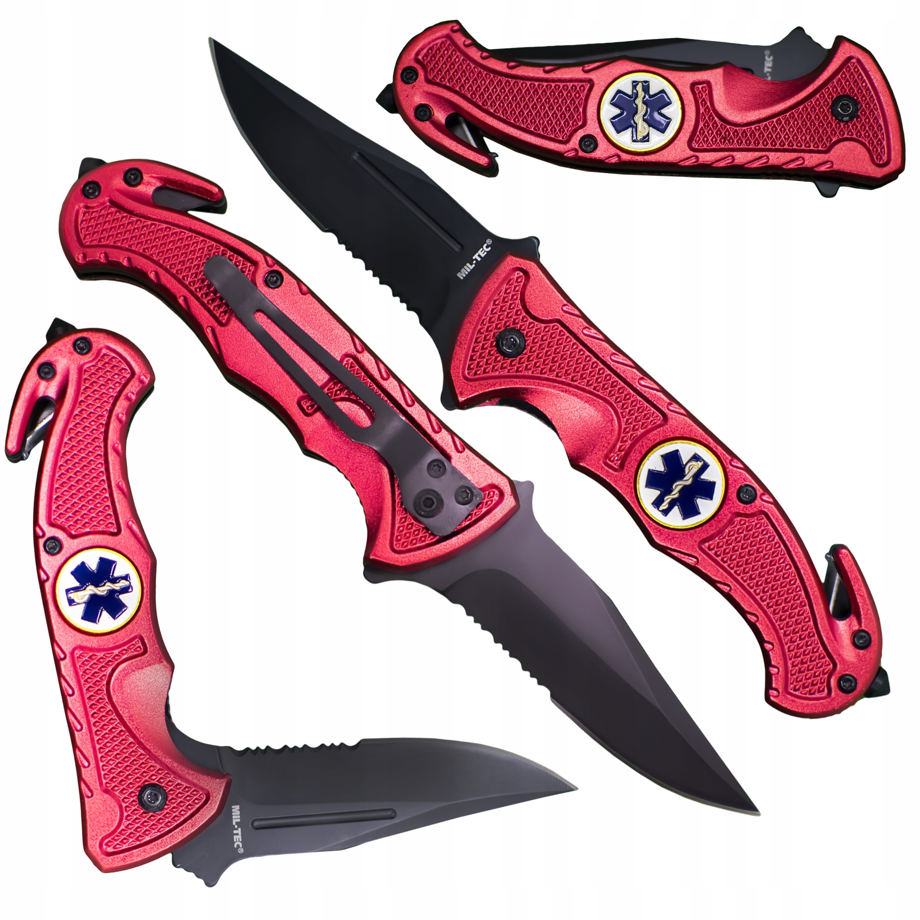 Nóż Ratowniczy Mil-Tec Rescue 440 Zbijak Przecinak Liner Lock Czerwony