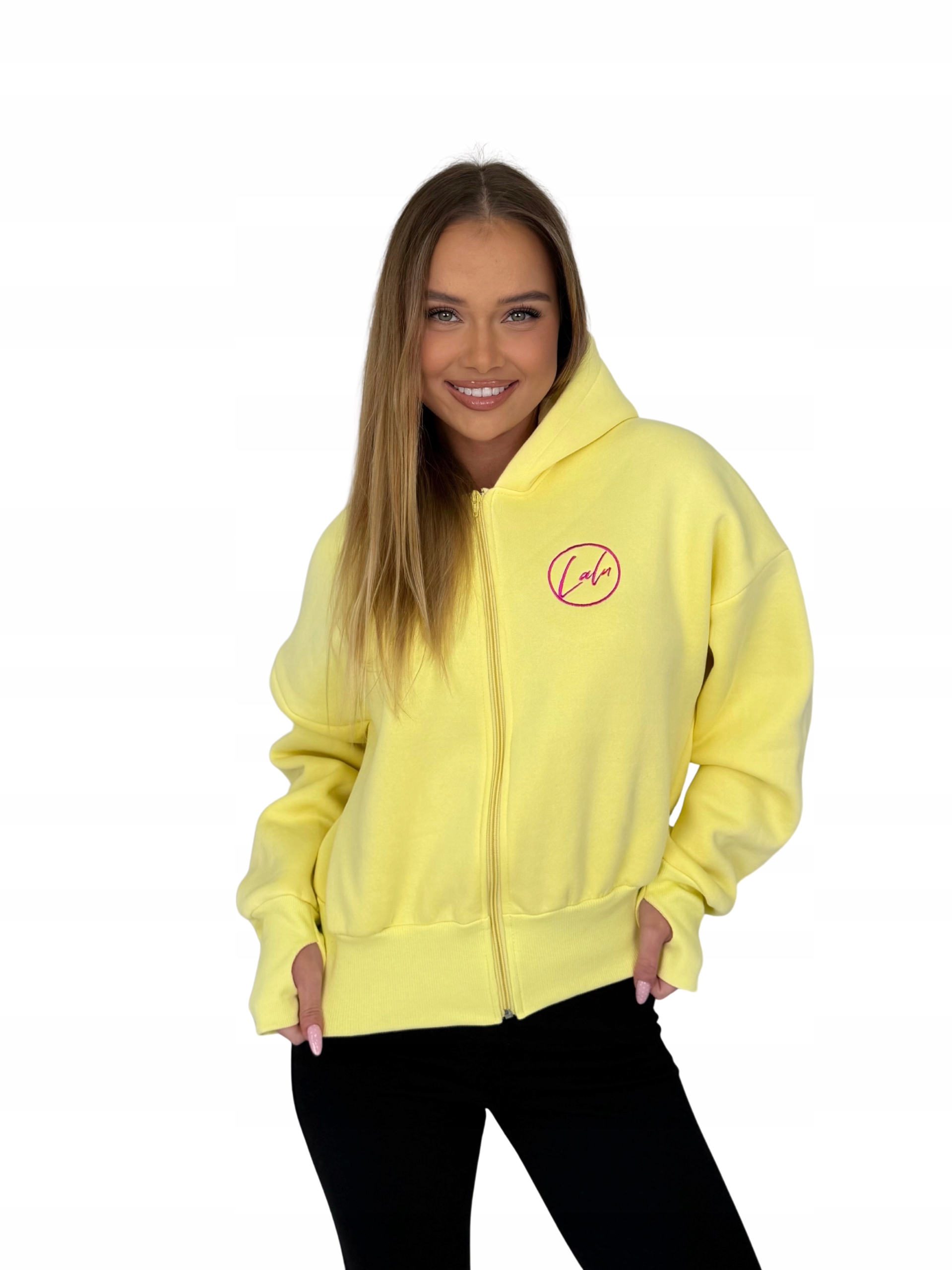 Mikina s kapucí, rozepínací, oversize, šitá kulatým logem LaLu, žlutá