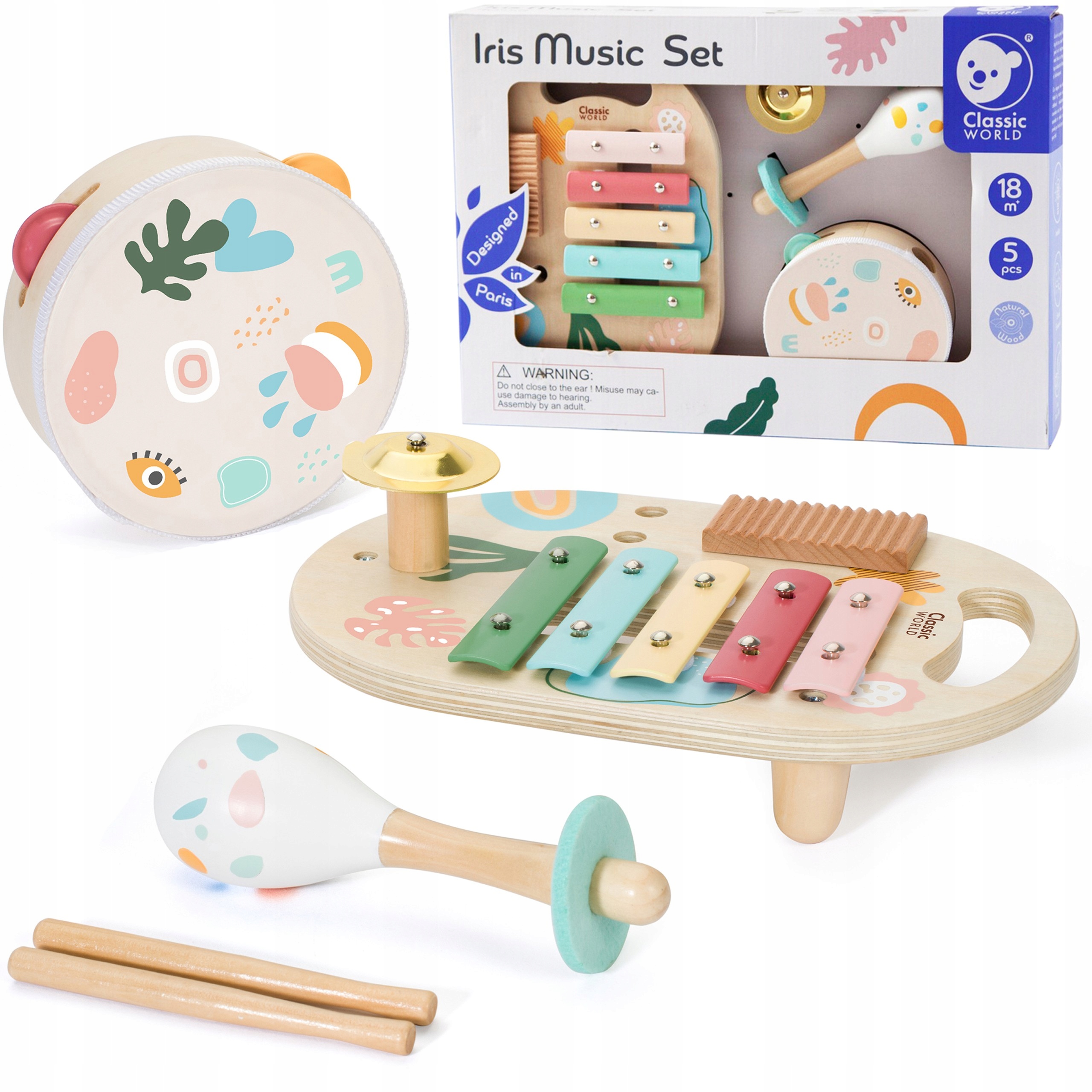 DREWNIANY ZESTAW MUZYCZNY EDUKACYJNY INSTRUMENTY CYMBAŁKI CLASSIC WORLD