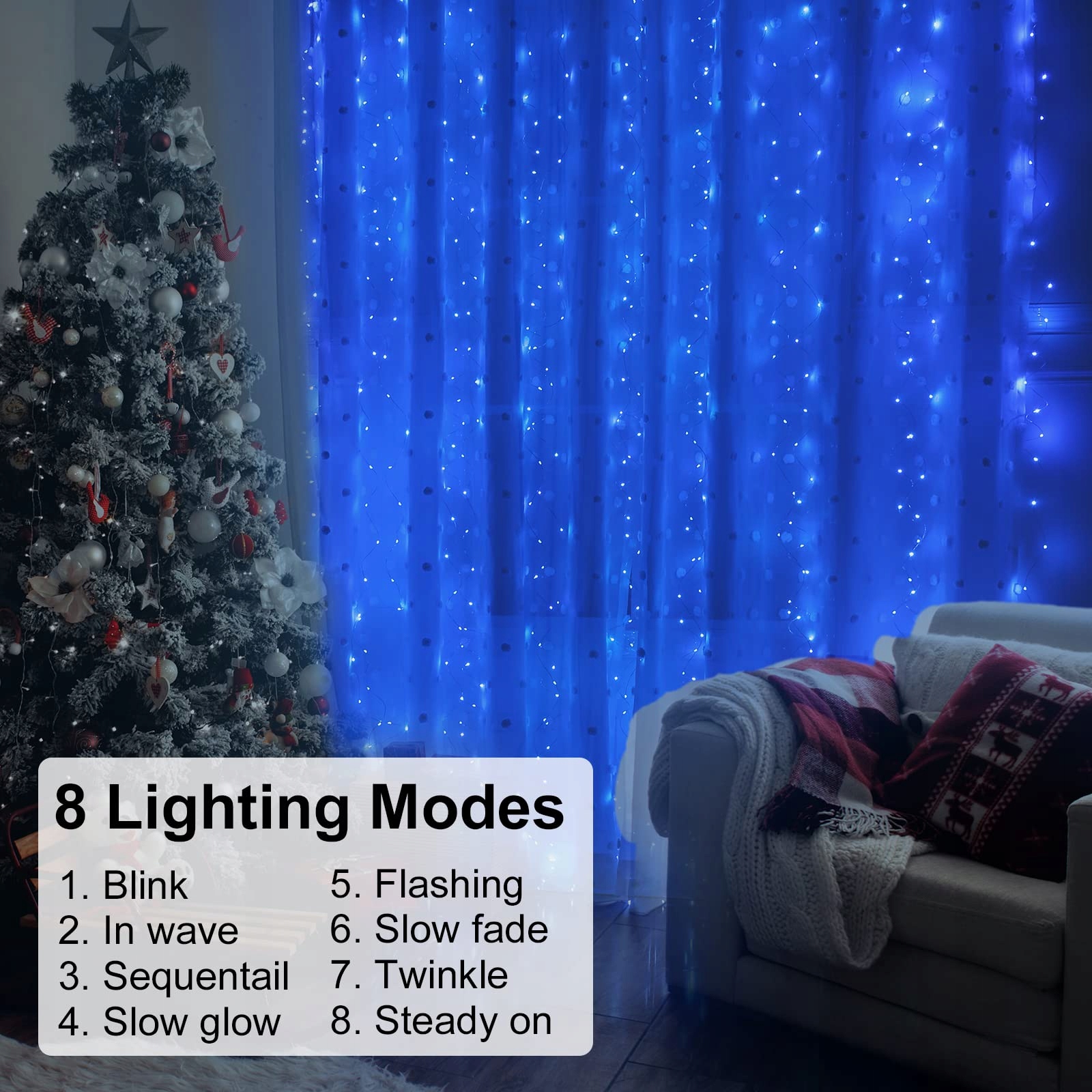 YIZHET KURTYNA GIRLANDA ŚWIETLNA LAMPKI DEKORACYJNE CIEPŁE 3x3m 300 LED — miniatura 9