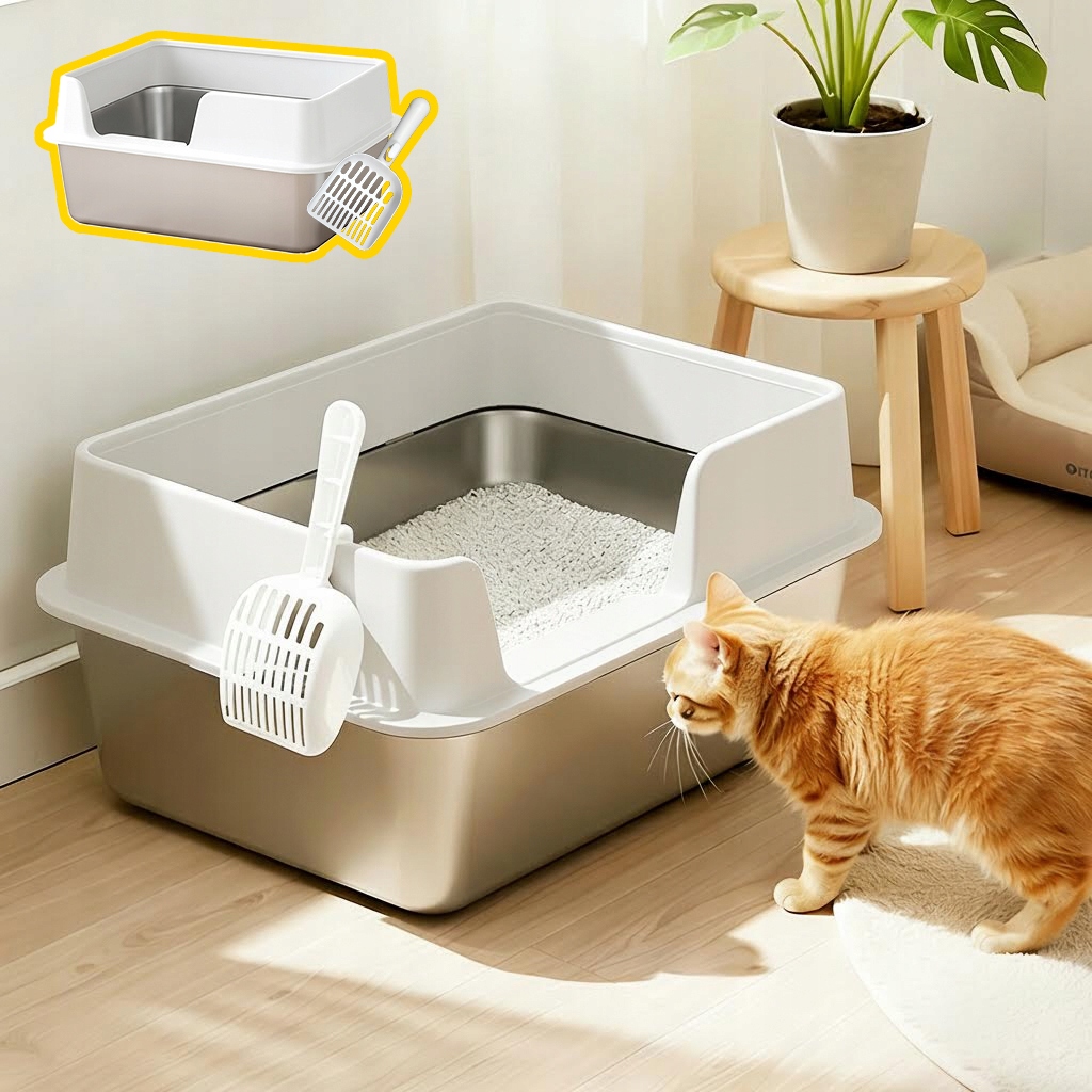 Duża otwarta kuweta na toaletę dla kota ze stali nierdzewnej biały 35x50cm