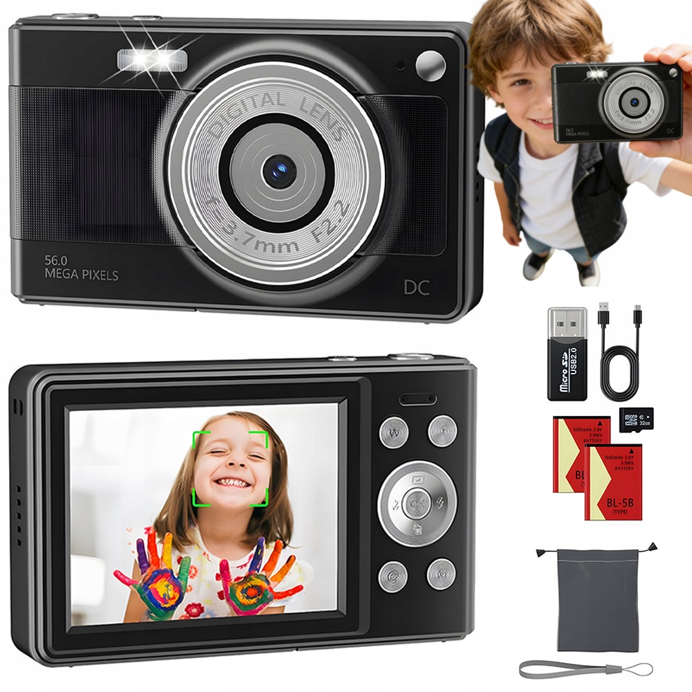 Aparat Fotograficzny 56MP 1080P Zoom 16X Ekran LCD 2.8 Cala 2 Baterie Karta