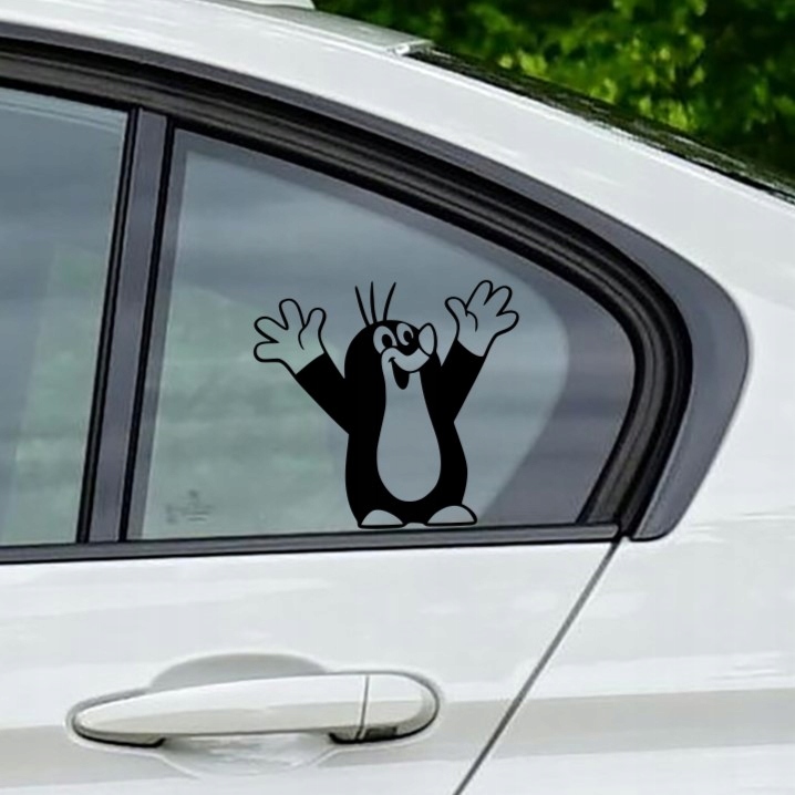 Naklejka WESOŁY RADOSNY KRECIK samochodowa samochód auto szybę POKAZUJE Szerokość produktu 10.5 cm