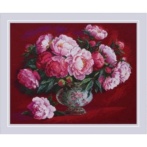 Riolis 2345 Elegantní pivoňky – sada pro křížkovou výšivku 50 x 40 cm