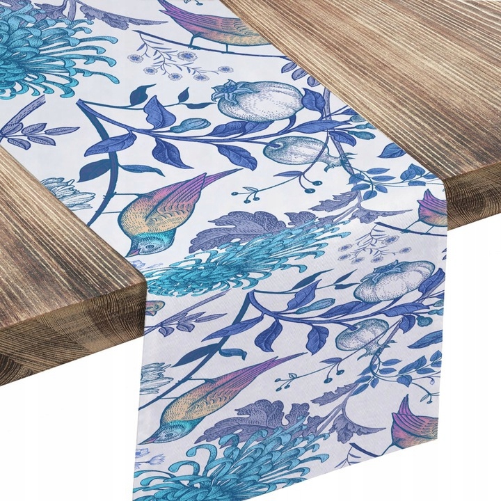 Běhoun Bílo Modrý S Grafikou Jarní Ptáci 40x180 cm